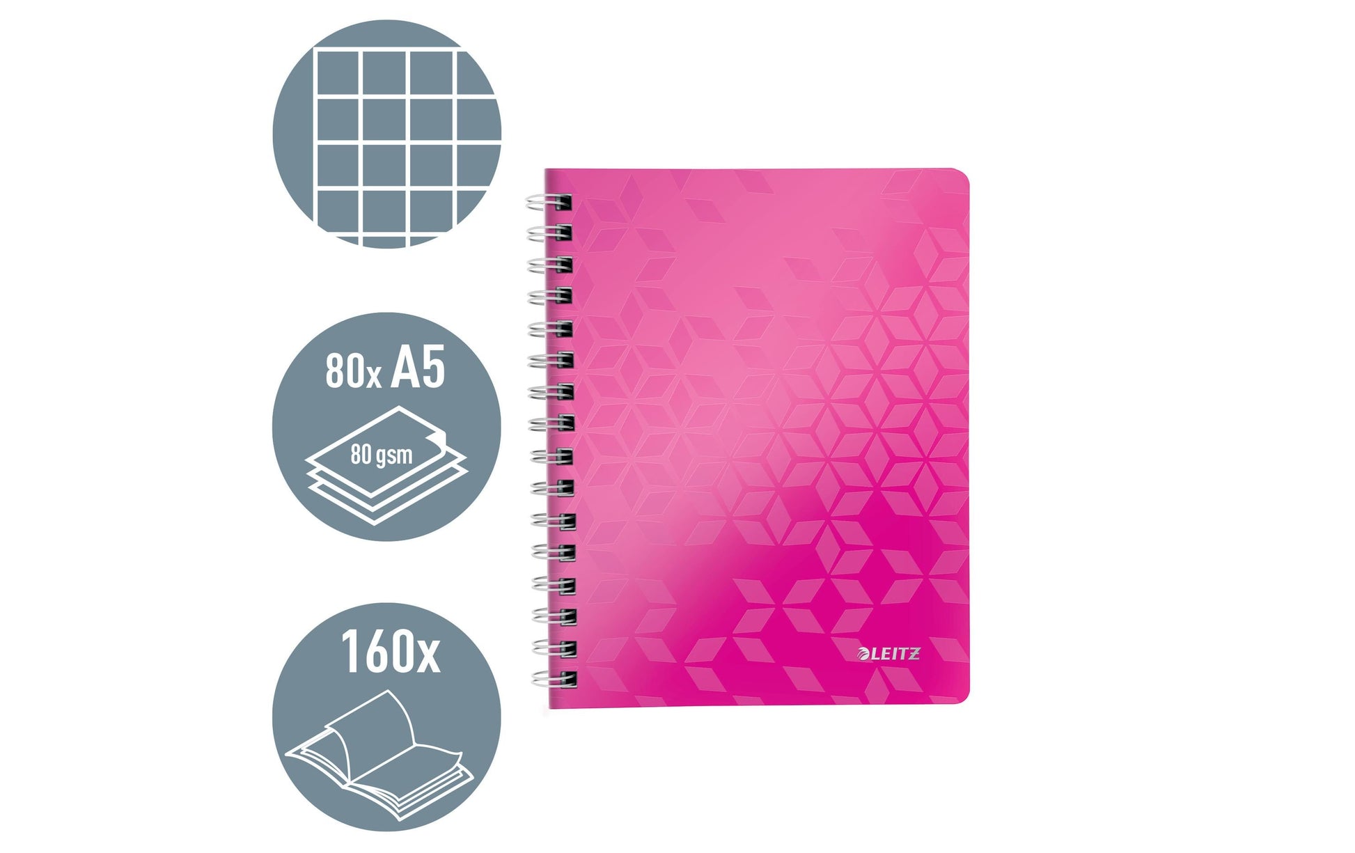 Leitz Collegeblock – A5 – kariert – 80 Blatt – 80 g/m² – Doppelspirale, Stiftschlaufe, Sichthülle, pink, FSC