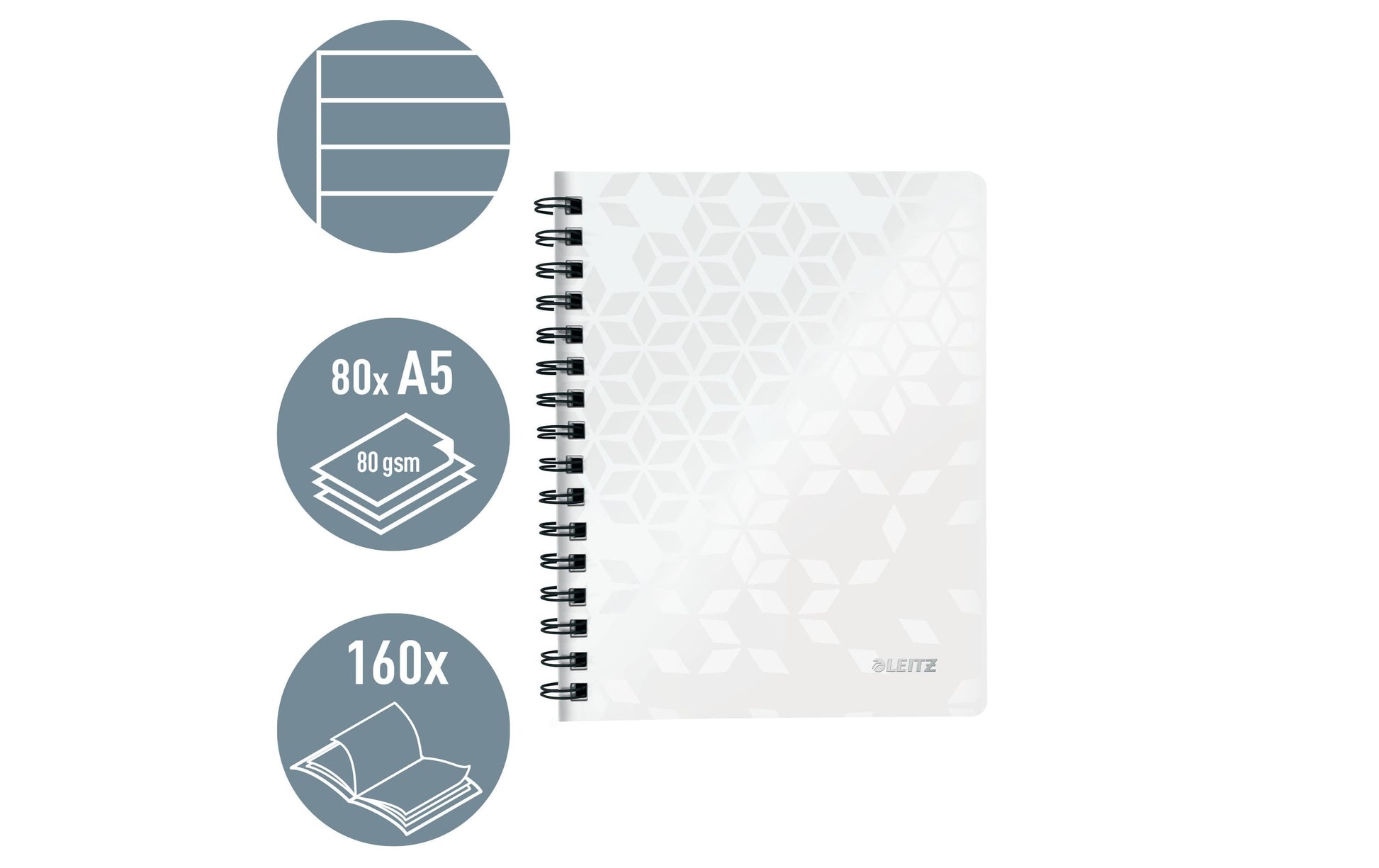 Leitz Collegeblock – A5 – 4-fach gelocht, mikroperforiert, Einstecktasche, Stiftschlaufe, weiss, FSC