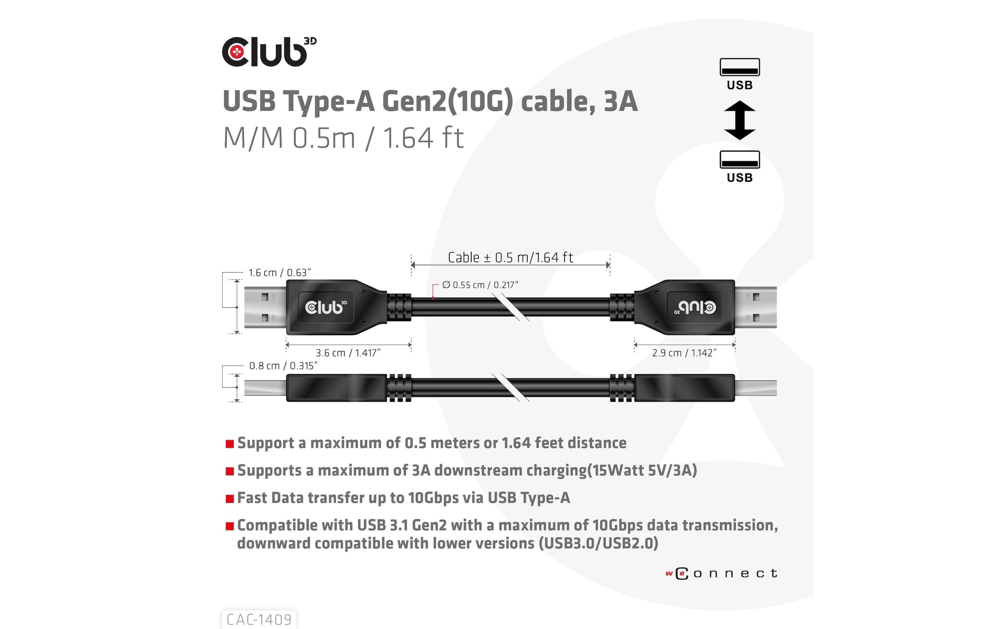 CLUB3D Club 3D – USB-Kabel, USB-A zu USB-A, 0,5 m, USB 3