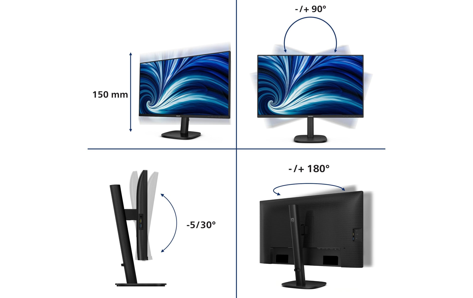 Philips 27B2U3601/00 – Monitor, 27", IPS, 120 Hz, 350 cd/m², USB-C, Integrierte Lautsprecher, Schwarz