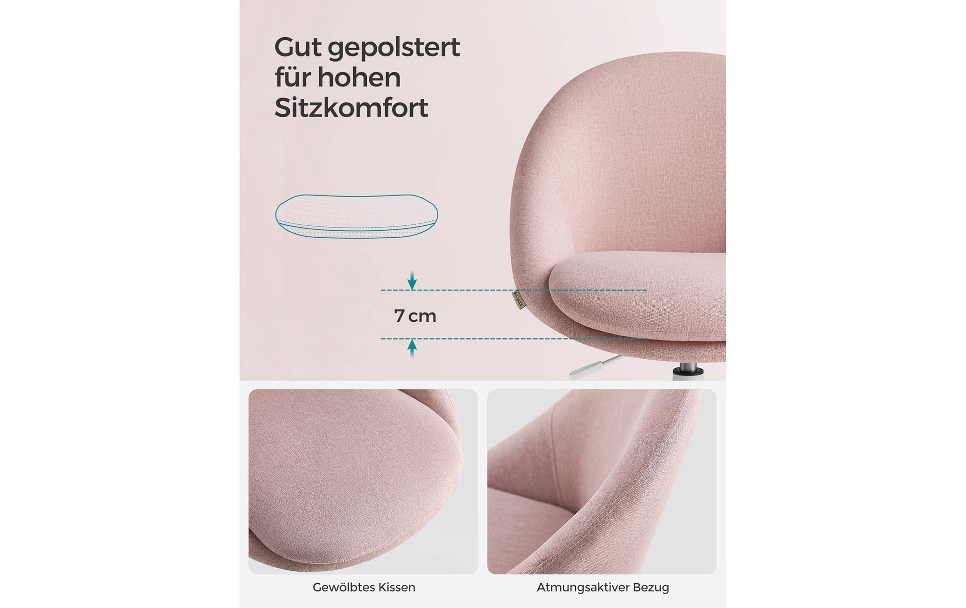 Songmics Bürostuhl – 58 × 58 × 83–93 cm, Hellrosa