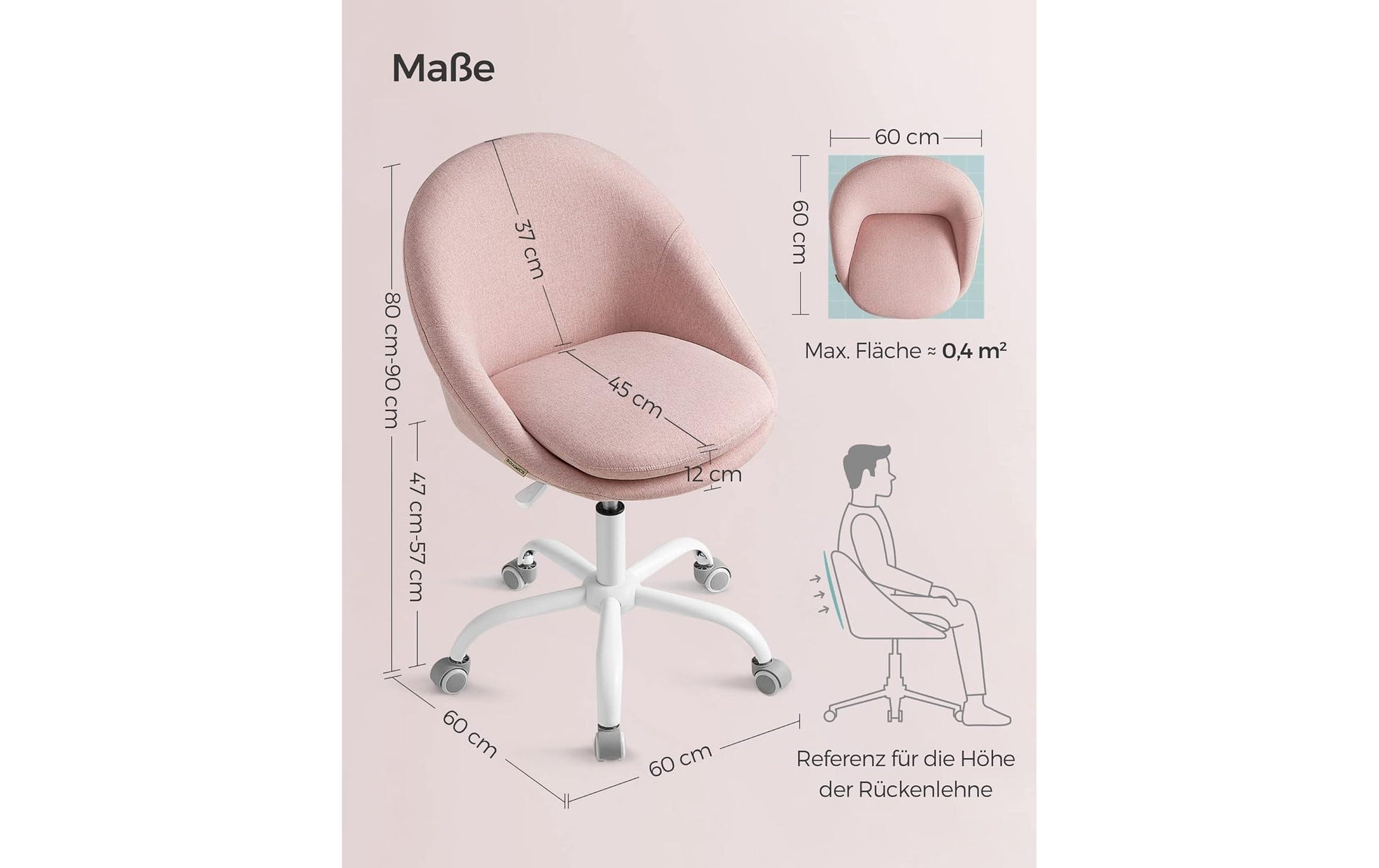 Songmics Bürostuhl – 58 × 58 × 83–93 cm, Hellrosa