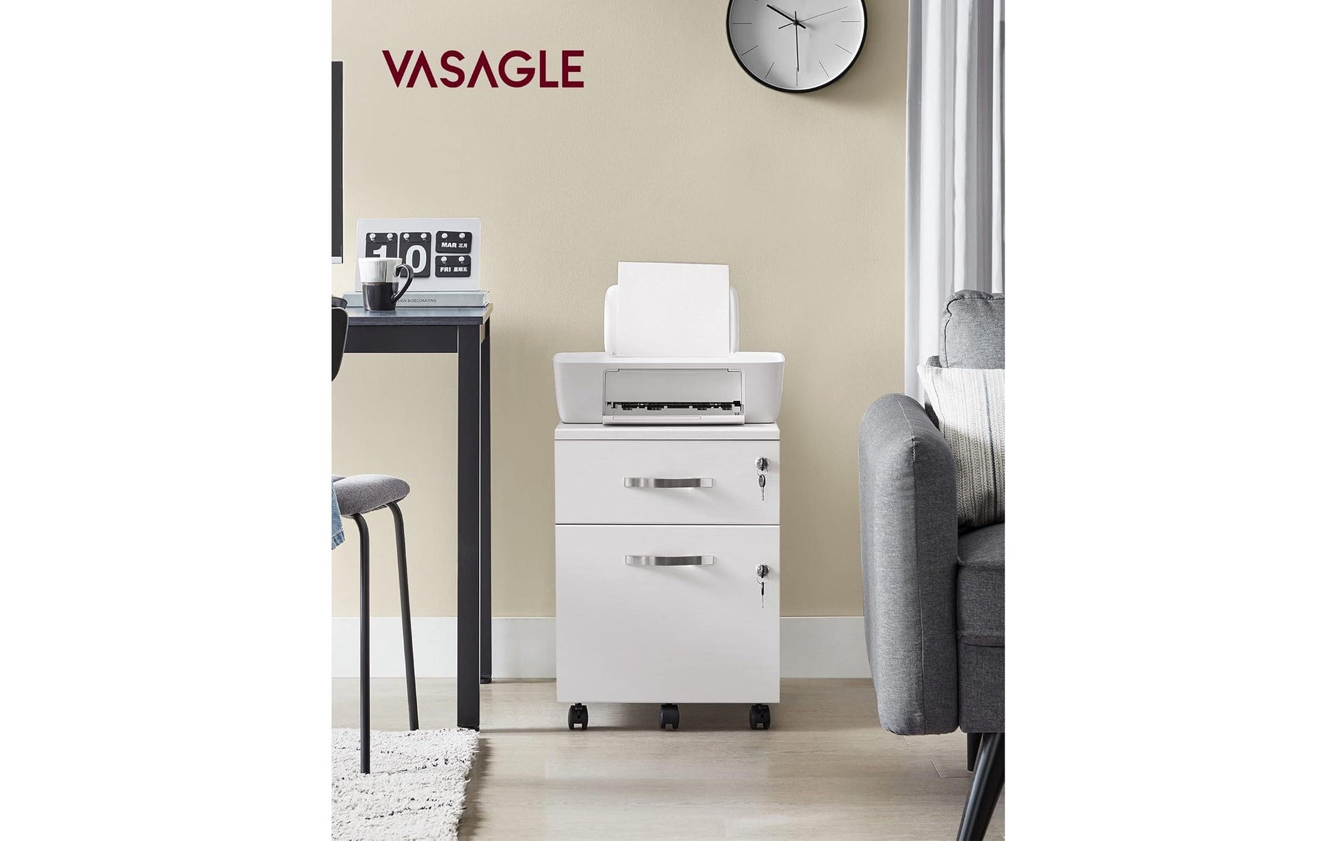 Vasagle Abschliessbarer Rollcontainer, Spanplatte, 438 × 544 × 400 mm, Weiss