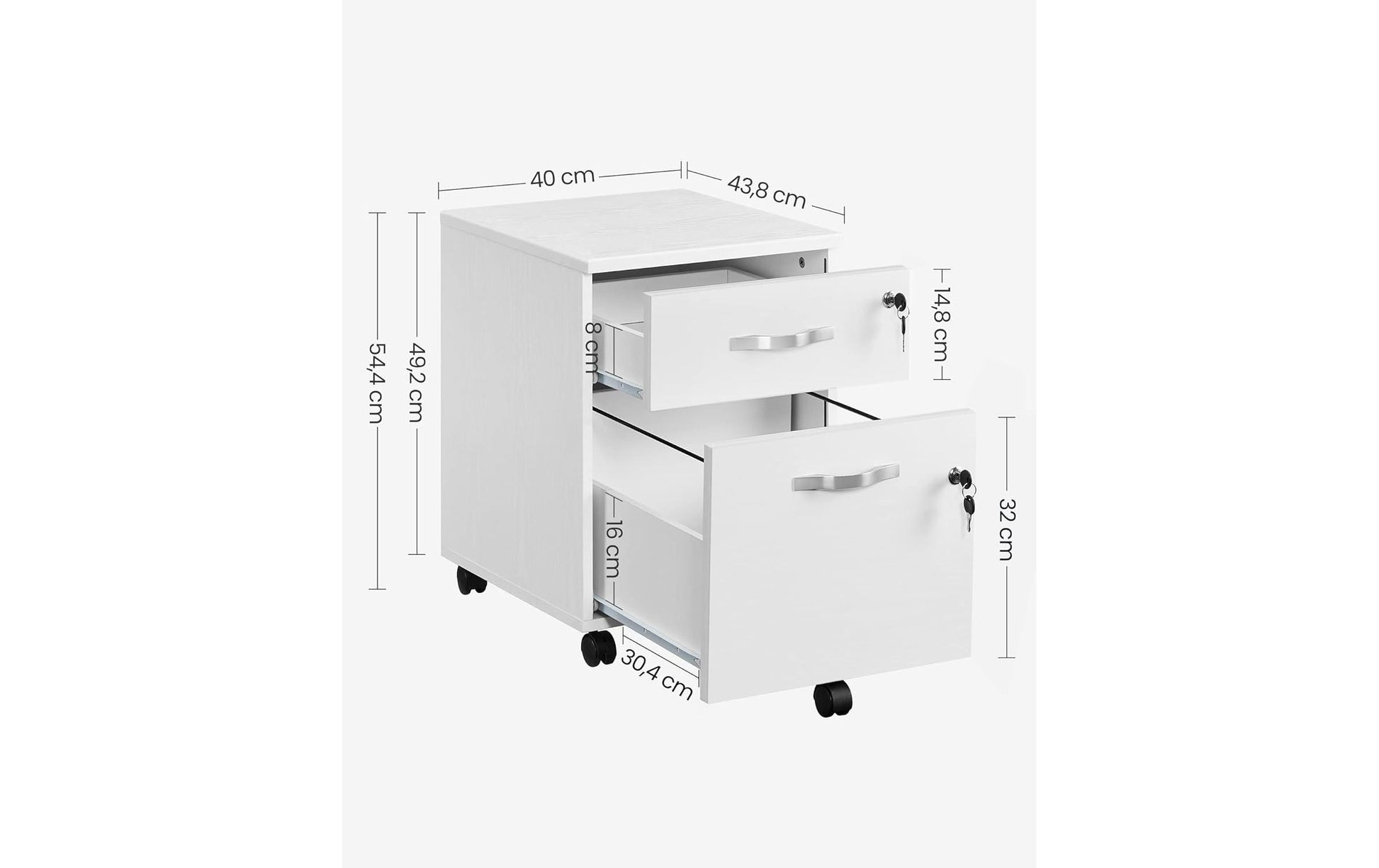 Vasagle Abschliessbarer Rollcontainer, Spanplatte, 438 × 544 × 400 mm, Weiss