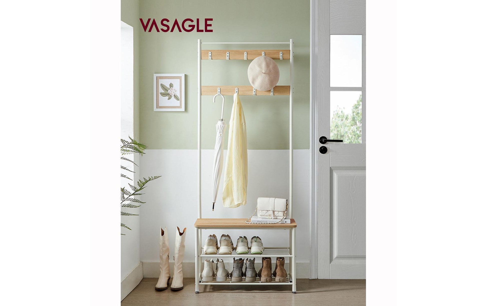 Vasagle Garderobenständer – 9 Haken, Stahl/Spanplatte, Weiss, 70 × 32,5 × 175 cm