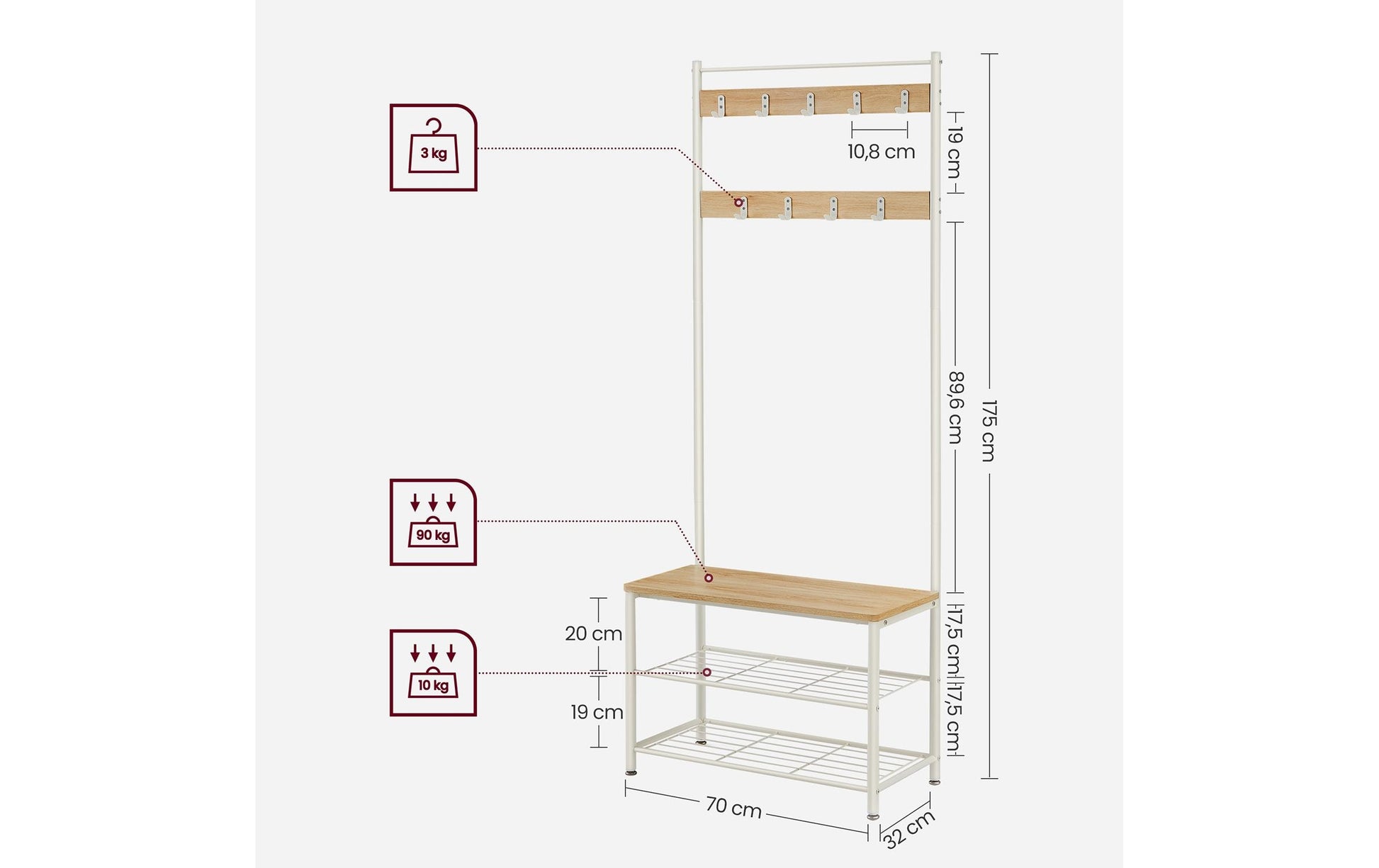 Vasagle Garderobenständer – 9 Haken, Stahl/Spanplatte, Weiss, 70 × 32,5 × 175 cm
