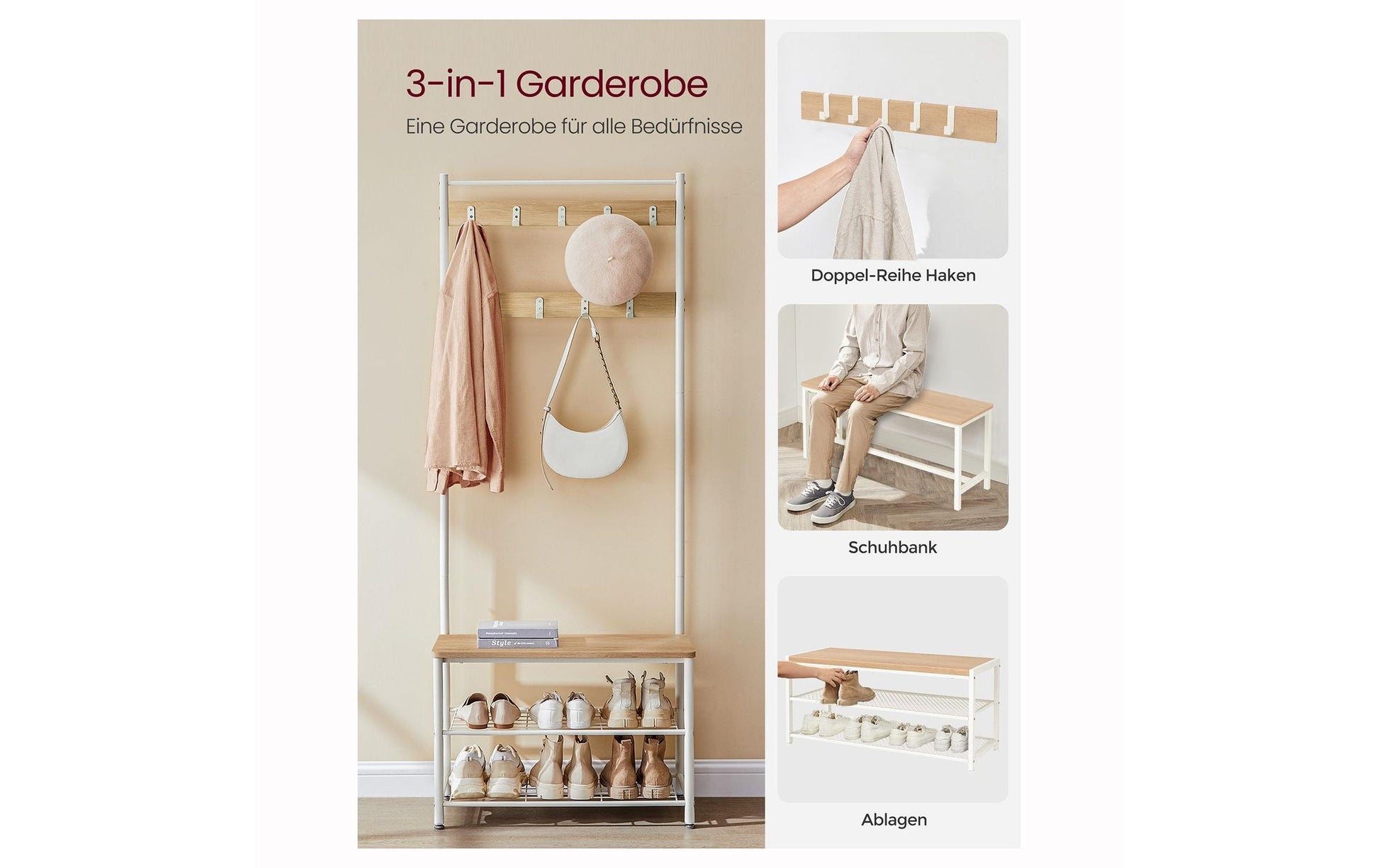 Vasagle Garderobenständer – 9 Haken, Stahl/Spanplatte, Weiss, 70 × 32,5 × 175 cm