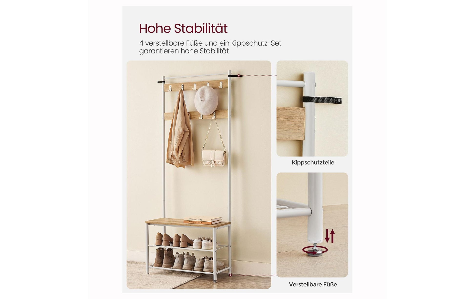 Vasagle Garderobenständer – 9 Haken, Stahl/Spanplatte, Weiss, 70 × 32,5 × 175 cm
