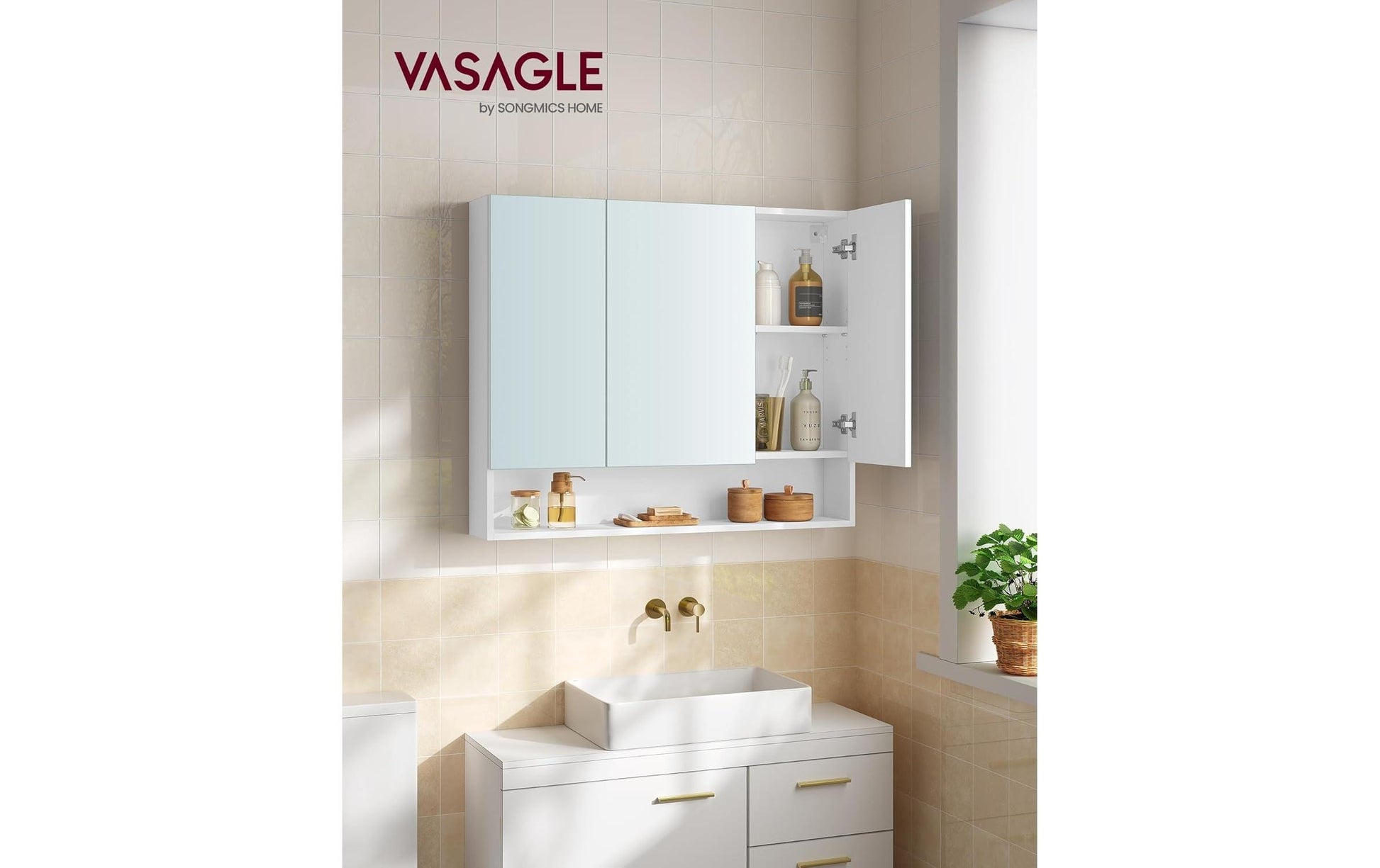 Vasagle Spiegelschrank – 90×16,5×75 cm, Spanholzplatte/Glas, Wandmontiert, Weiss