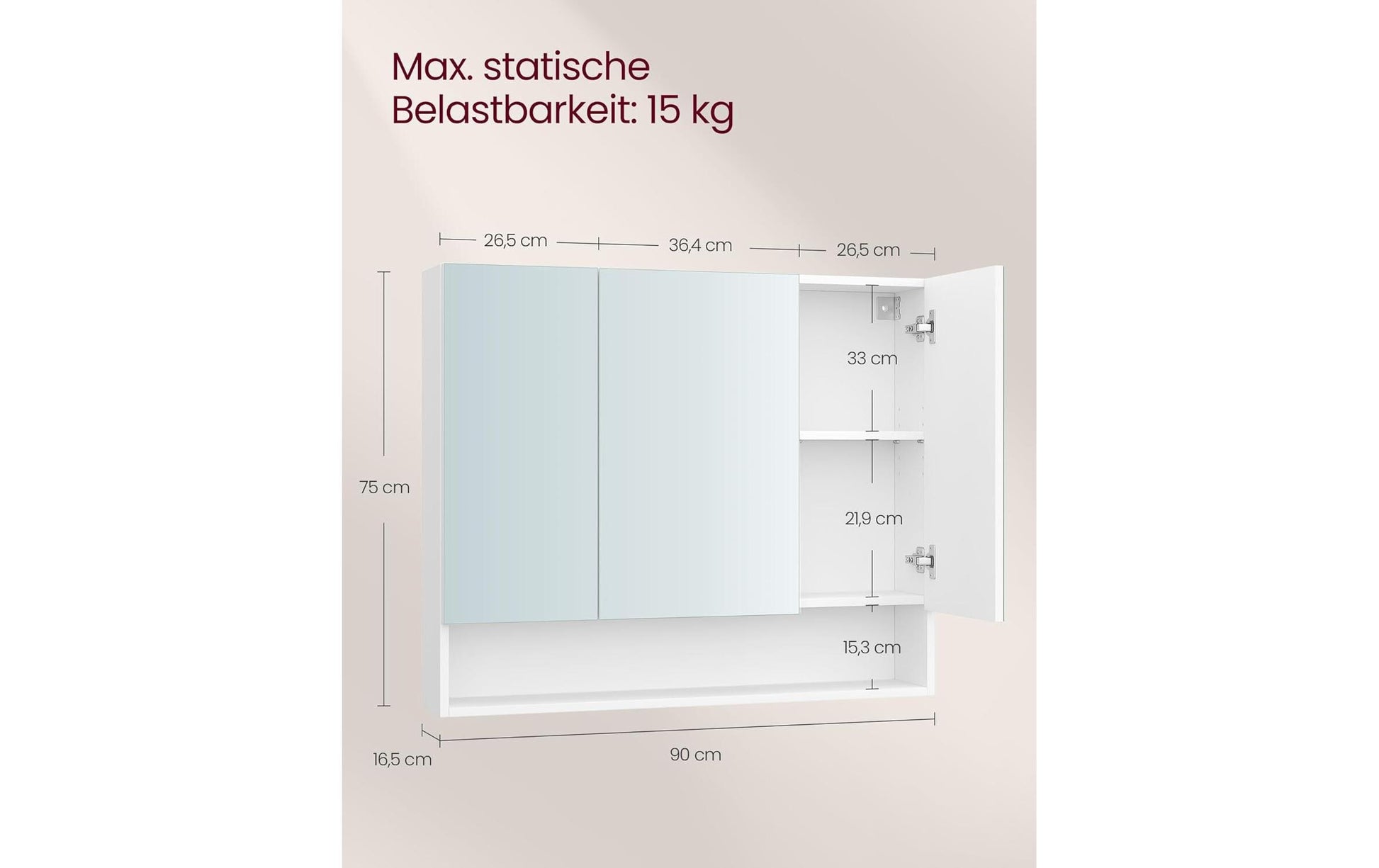 Vasagle Spiegelschrank – 90×16,5×75 cm, Spanholzplatte/Glas, Wandmontiert, Weiss
