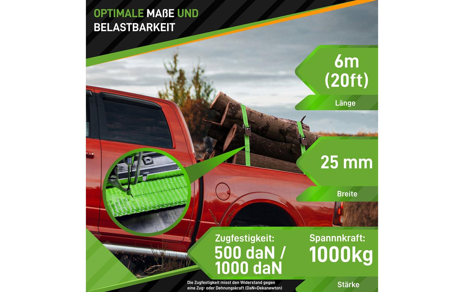 HARDTWERK Schlaufenband 6'000 × 25 mm, Polyester, grün, mit Schnalle, bis 1000 kg, 4 Stk.