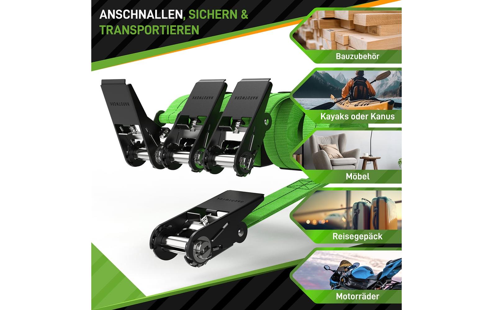 HARDTWERK Schlaufenband 6'000 × 25 mm, Polyester, grün, mit Schnalle, bis 1000 kg, 4 Stk.
