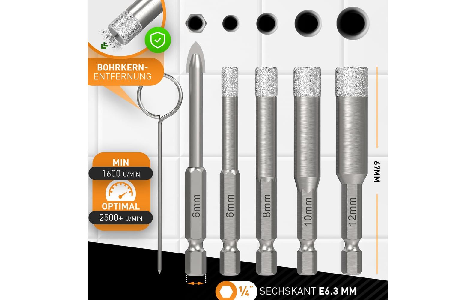 Hardtwerk Fliesenbohrer-Set 5-tlg. 6/8/10/12 mm Diamant 1/4" Sechskantschaft – für Fliesen