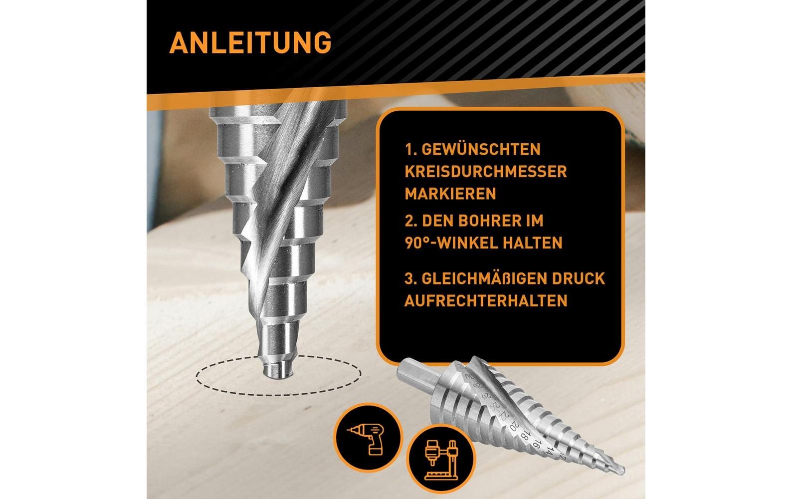 Hardtwerk Stufenbohrer 4–32 mm Stahl Aussenkantschaft – für Holz