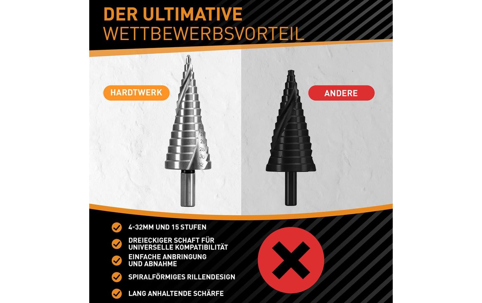 Hardtwerk Stufenbohrer 4–32 mm Stahl Aussenkantschaft – für Holz