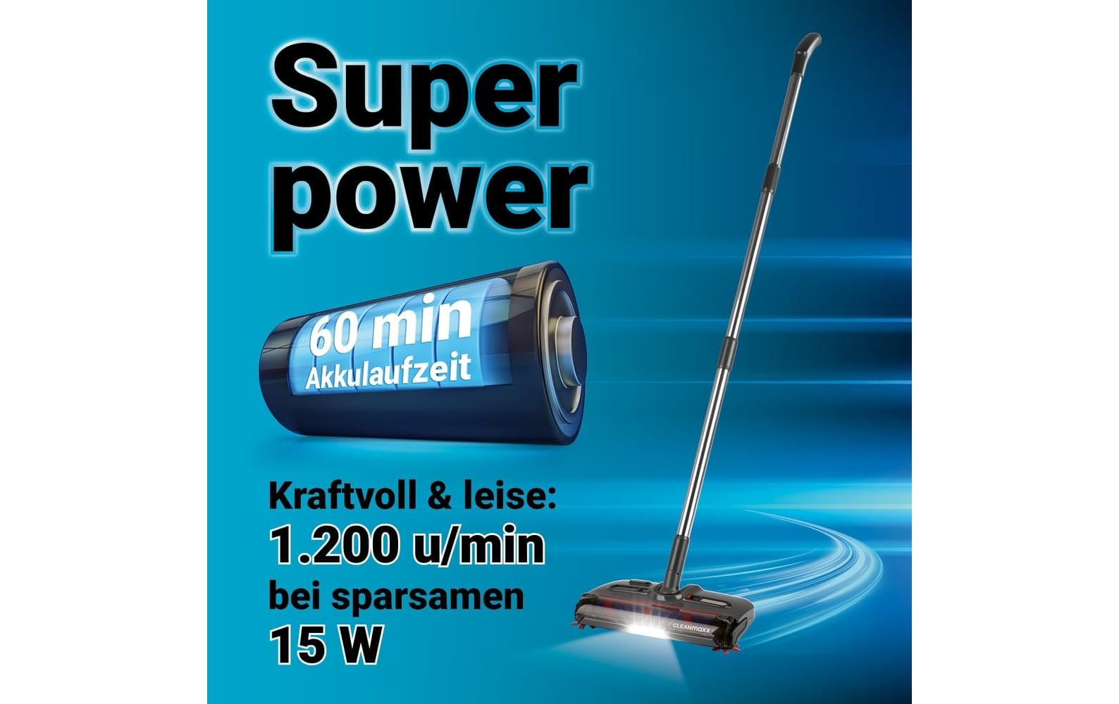 Cleanmaxx Akku-Besen – 3,7 V, bis 60 min, mit Licht, Teleskopstiel, Grau