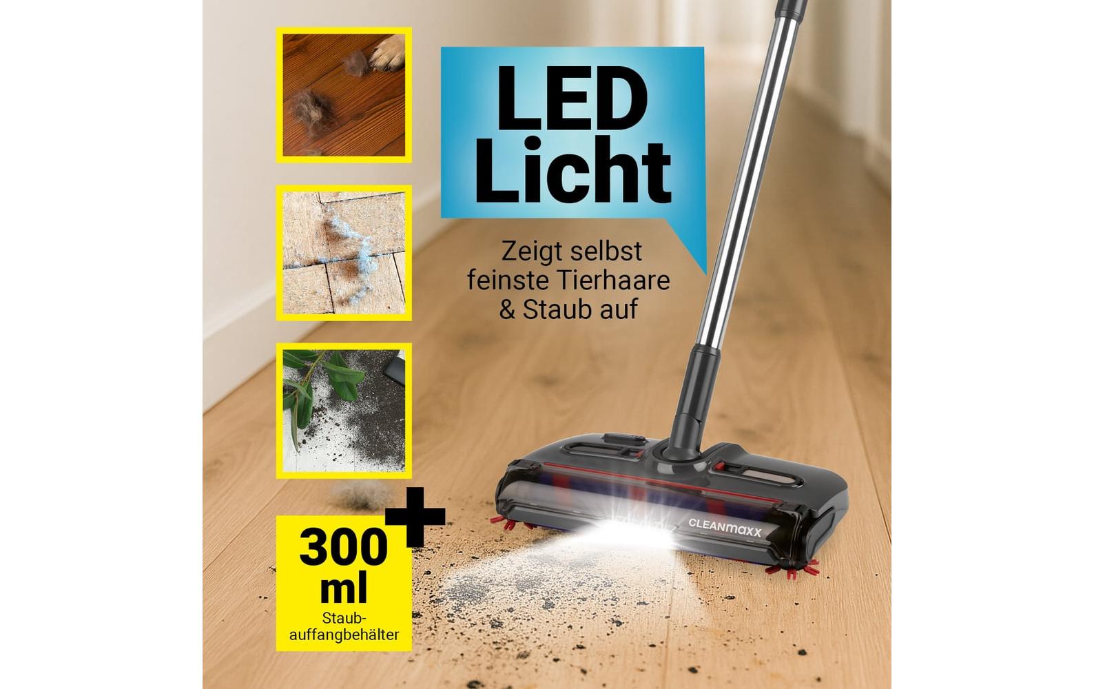Cleanmaxx Akku-Besen – 3,7 V, bis 60 min, mit Licht, Teleskopstiel, Grau