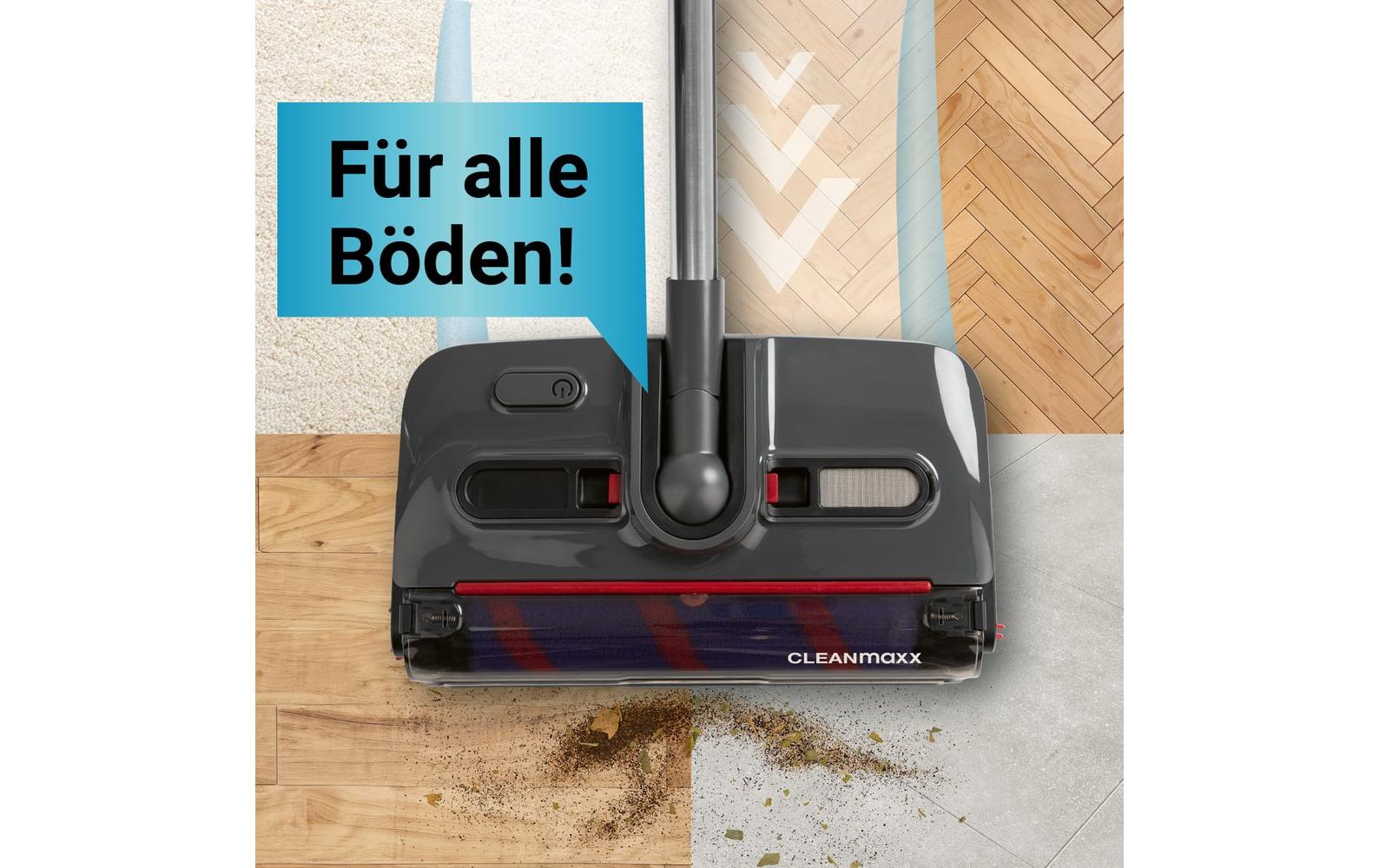 Cleanmaxx Akku-Besen – 3,7 V, bis 60 min, mit Licht, Teleskopstiel, Grau