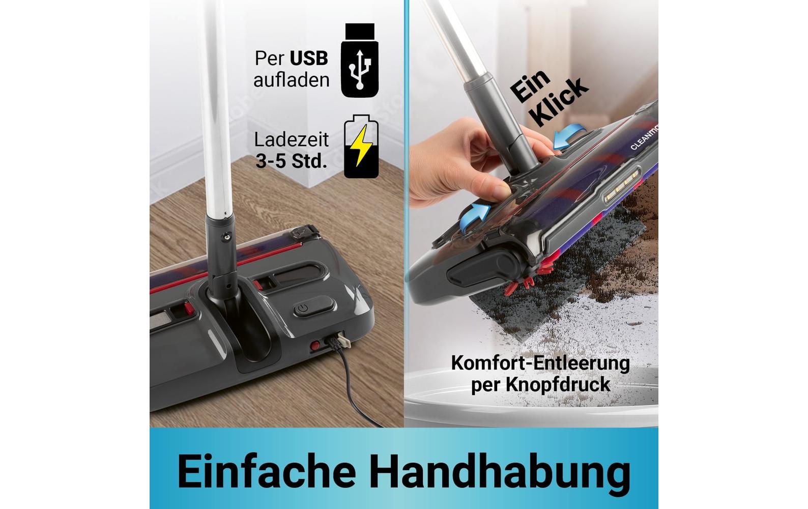 Cleanmaxx Akku-Besen – 3,7 V, bis 60 min, mit Licht, Teleskopstiel, Grau