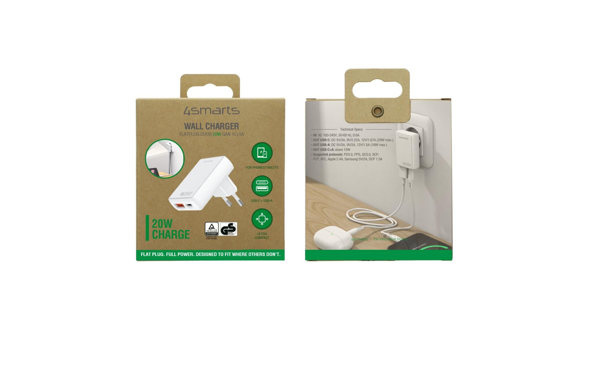 4smarts FlatPlug Duos USB-Ladegerät 20 W – USB-C×1, USB-A×1 – PD, QC 3.0, PPS, GaN – EU-Stecker (Typ C)