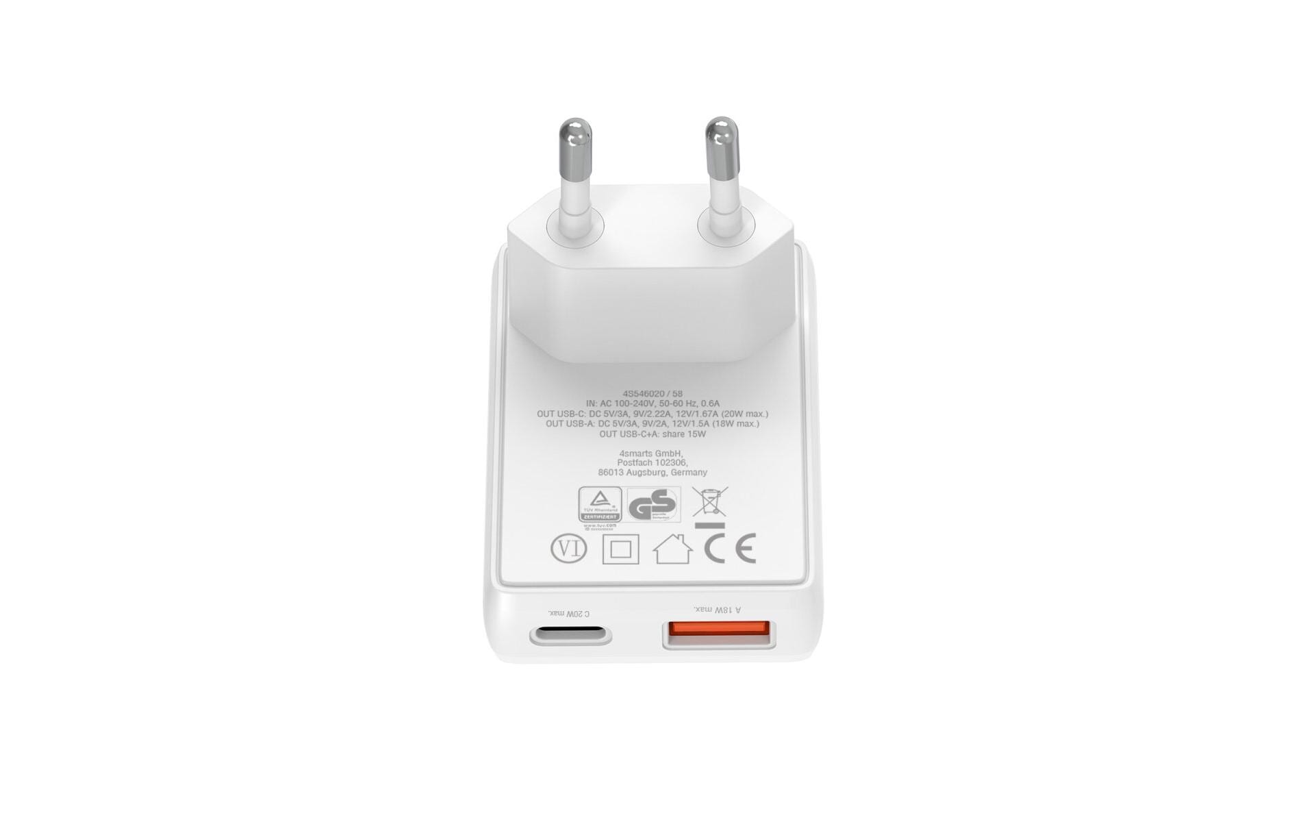 4smarts FlatPlug Duos USB-Ladegerät 20 W – USB-C×1, USB-A×1 – PD, QC 3.0, PPS, GaN – EU-Stecker (Typ C)