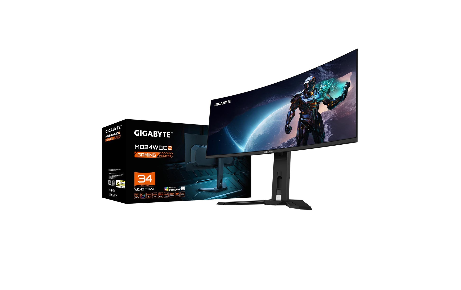 GIGABYTE MO34WQC2 – Monitor, 34", 3440 × 1440, OLED, 240 Hz, 250 cd/m², 2× HDMI 2.1, 1× DisplayPort 1.4, USB‑C