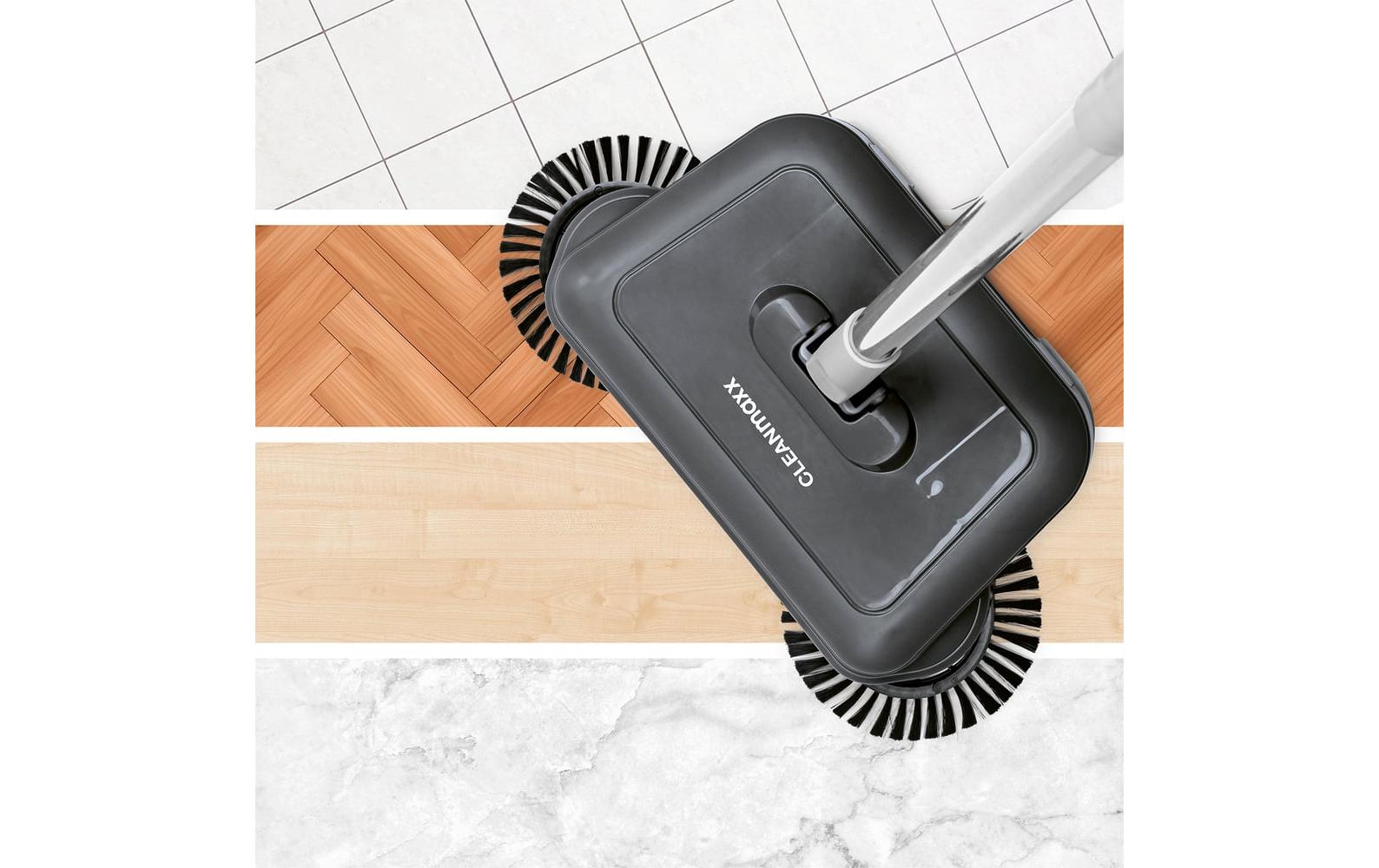 Cleanmaxx Besen – 18 cm, Teleskopstiel 119 cm, Stahl, transparent, rotierende Bürsten, inkl. Wischtuch