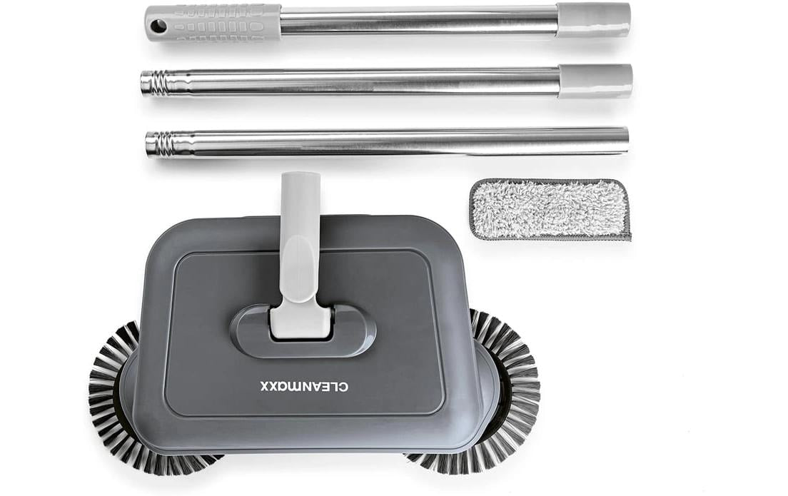 Cleanmaxx Besen – 18 cm, Teleskopstiel 119 cm, Stahl, transparent, rotierende Bürsten, inkl. Wischtuch