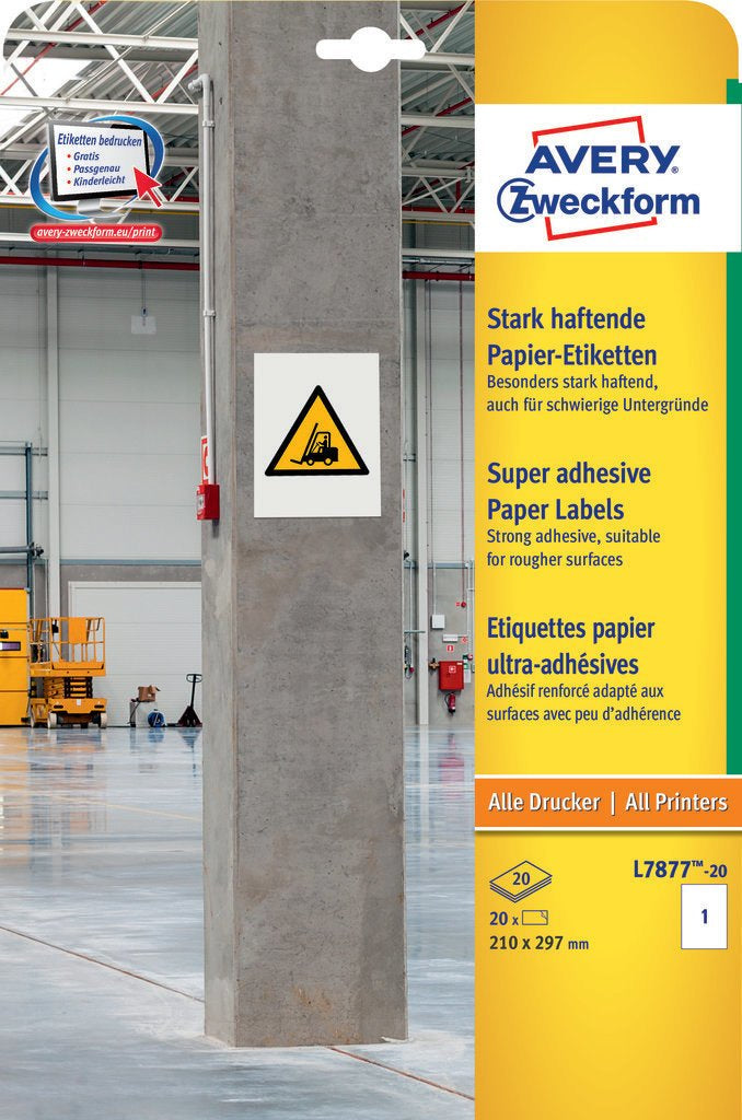AVERY Zweckform L7877-20 – Etiketten A4 210 × 297 mm – Papier, weiss – permanent haftend – Laser/Inkjet