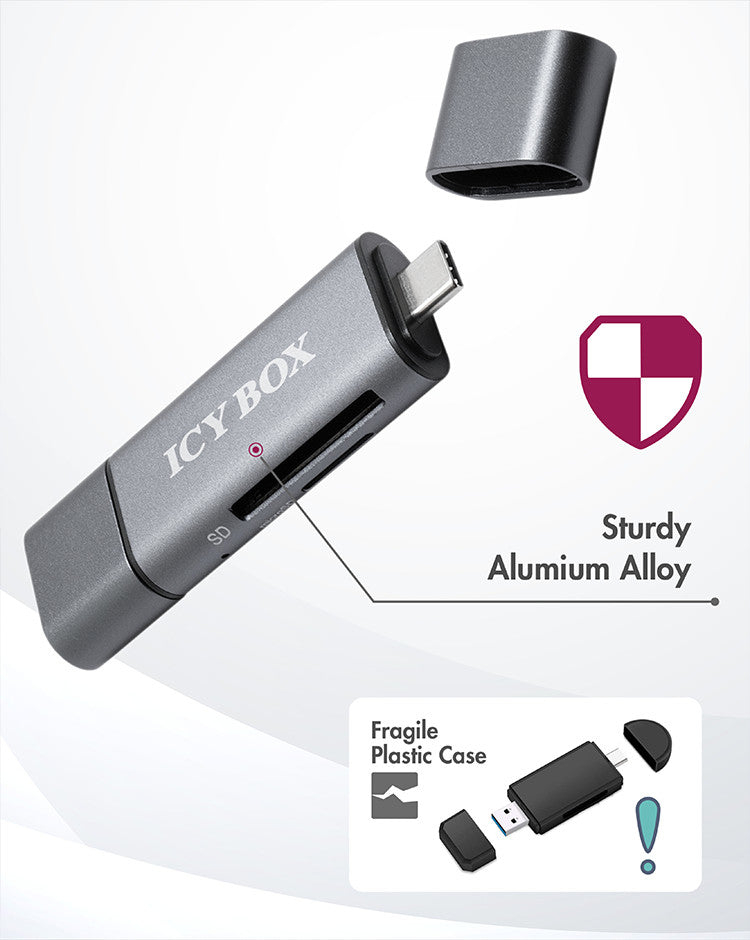 ICY BOX USB-Kartenleser USB 2.0 (480 Mbit/s) – SD/microSD – Aluminiumgehäuse, LED-Anzeige – Schwarz
