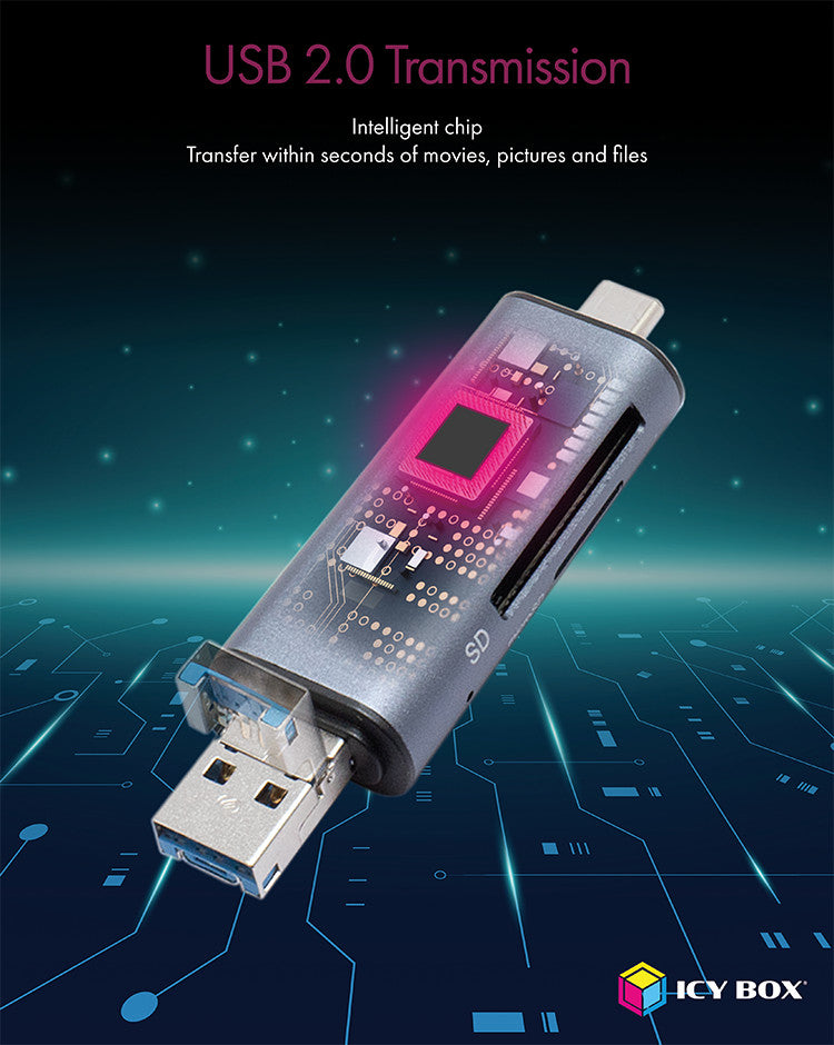 ICY BOX USB-Kartenleser USB 2.0 (480 Mbit/s) – SD/microSD – Aluminiumgehäuse, LED-Anzeige – Schwarz
