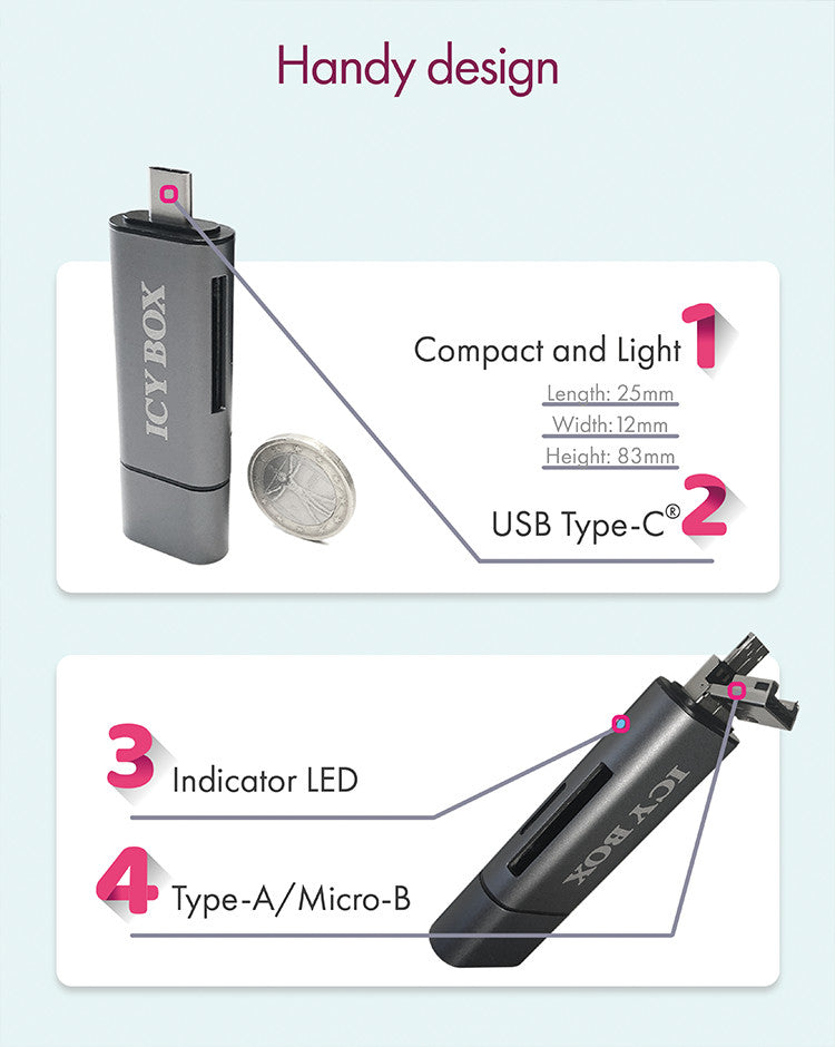 ICY BOX USB-Kartenleser USB 2.0 (480 Mbit/s) – SD/microSD – Aluminiumgehäuse, LED-Anzeige – Schwarz