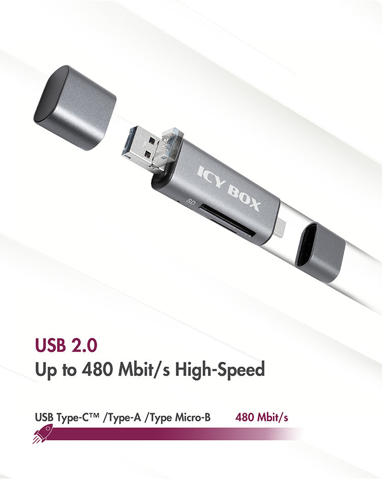 ICY BOX USB-Kartenleser USB 2.0 (480 Mbit/s) – SD/microSD – Aluminiumgehäuse, LED-Anzeige – Schwarz