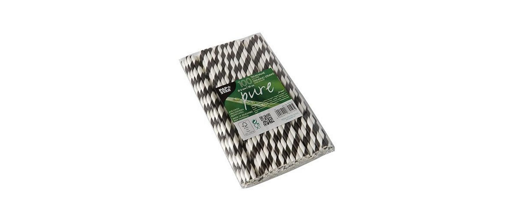 Papstar Papierstrohhalme, Ø 6 mm 20 cm, schwarz/weiss – 100 Stk.