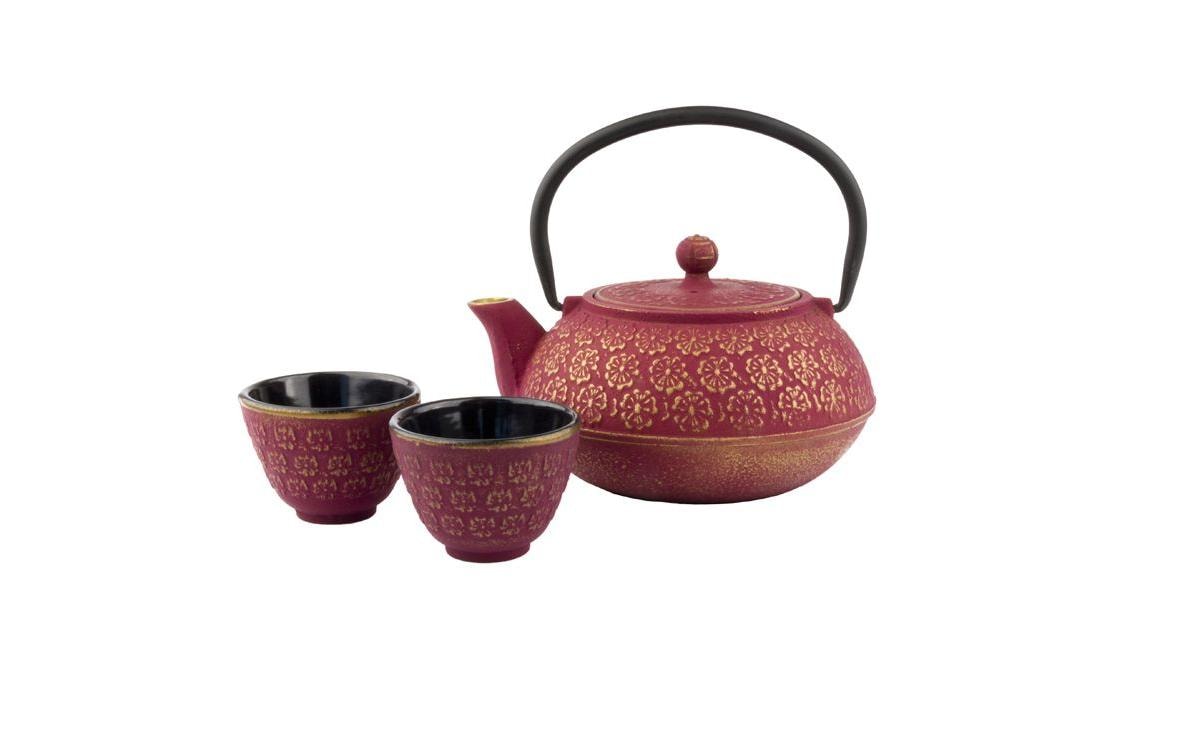 Bredemeijer Teeset Shanghai – 3-teiliges Set, 600 ml, Gusseisen, Rot, mit Edelstahlfilter, für Induktion