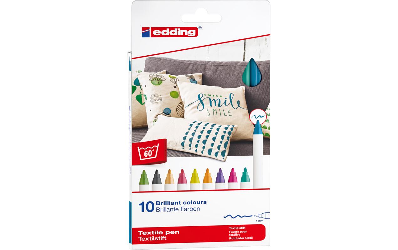 Edding Textil-/Stoffmarker – Rundspitze 1,5–3 mm, 10 Farben, 10 Stk., auswaschbar – für Stoffe