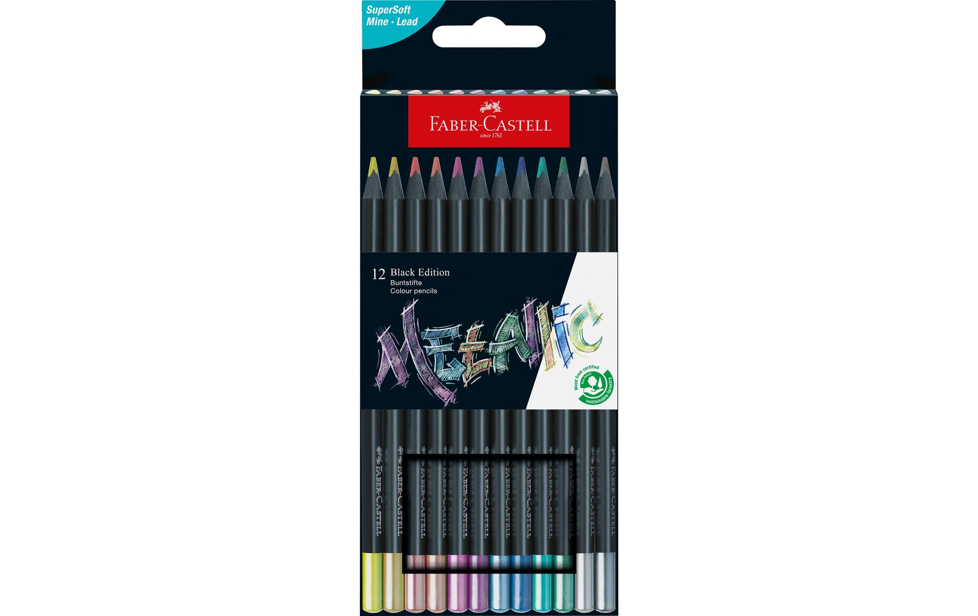 Faber-Castell Aquarellfarbstifte Black Edition – Metallic, Dreikant, 12 Farben, im Kartonetui