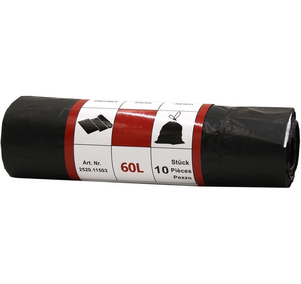 Weita Kehrichtsack Venardo – 60 l, mit Zugband, PE, schwarz, 555 × 860 mm, 1 Rolle à 10 Stk