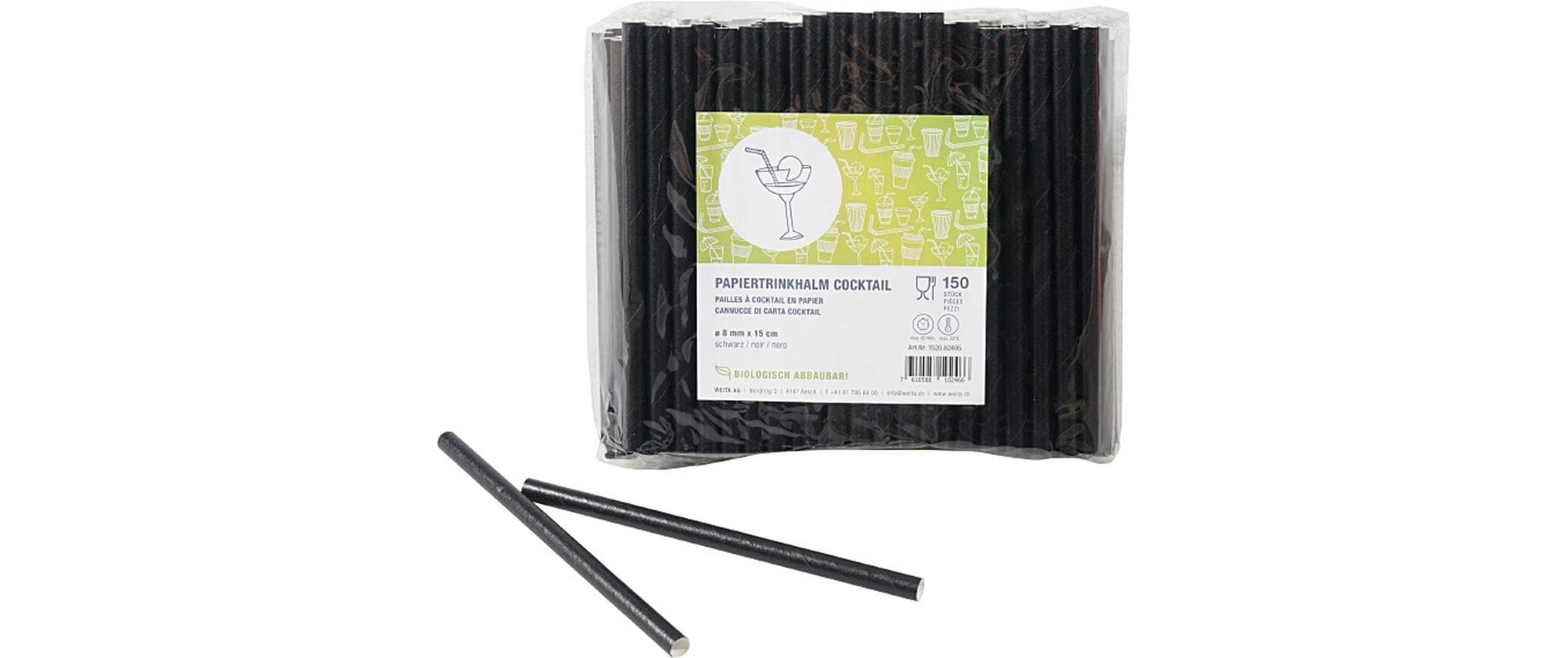 Weita Papierstrohhalme, Ø 8 mm 15 cm, schwarz – 150 Stk.