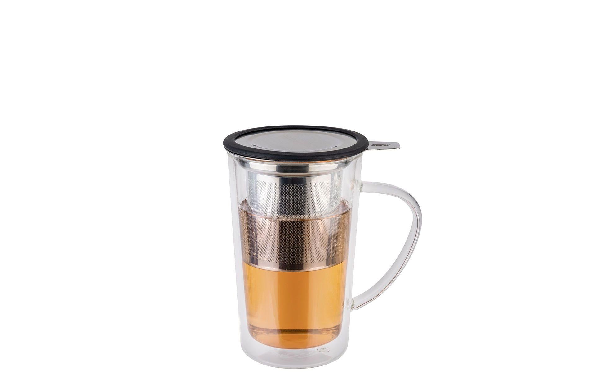 GEFU Tee-Glas MIRA – 235 ml, H 14,5 cm, Borosilikatglas, Schwarz/Transparent, mit Glasfilter, doppelwandig