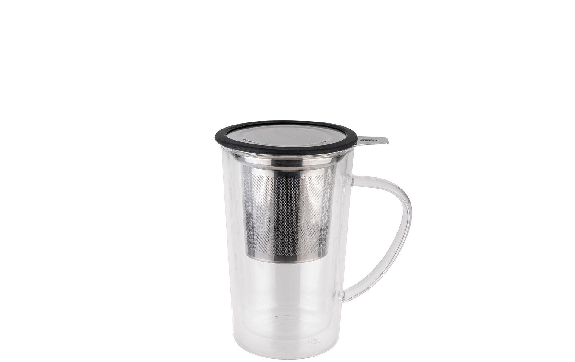 GEFU Tee-Glas MIRA – 235 ml, H 14,5 cm, Borosilikatglas, Schwarz/Transparent, mit Glasfilter, doppelwandig