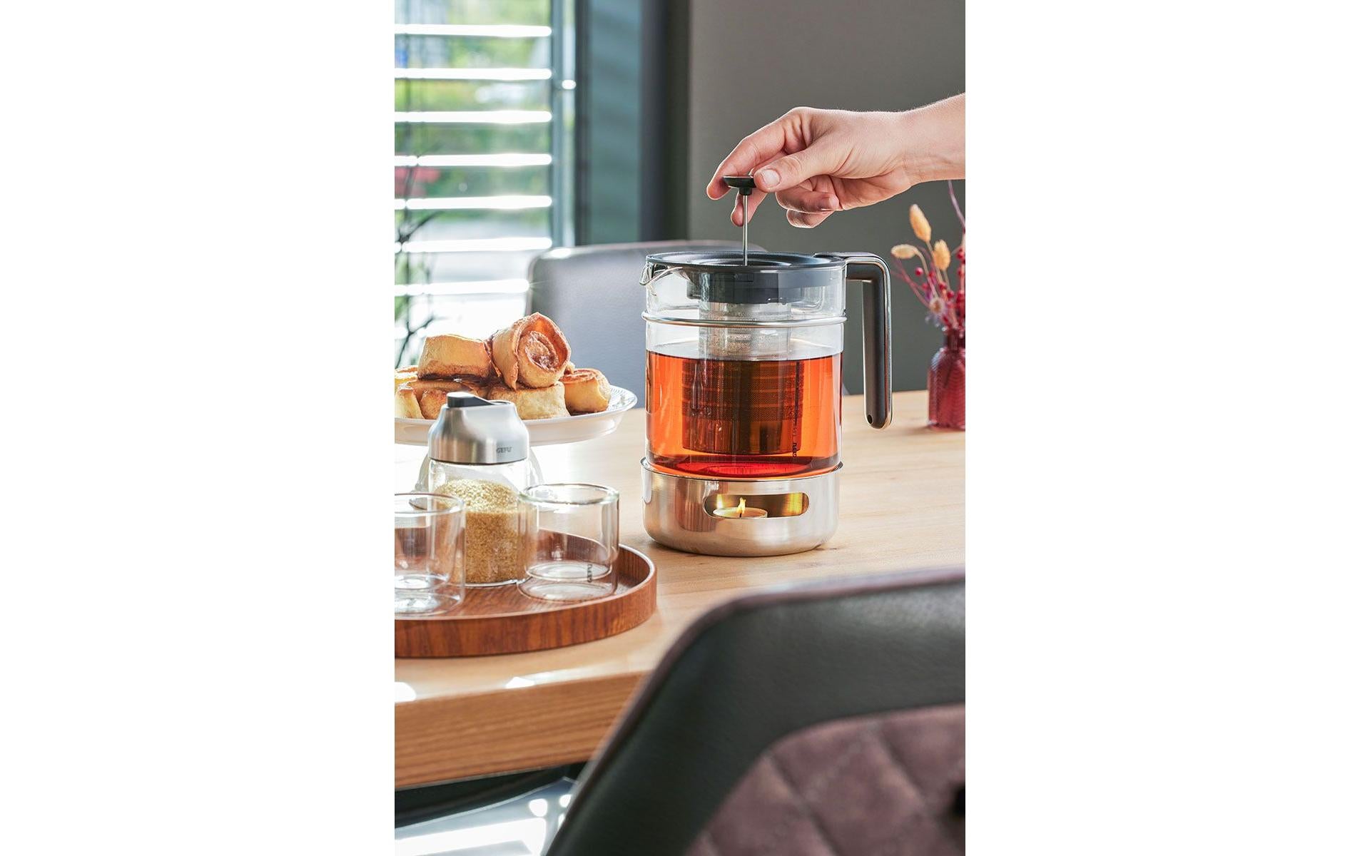 GEFU Teekanne – 1,5 l, 15,0 × 21,0 × 25,0 cm, Edelstahl/Glas, mit Edelstahlfilter, für Teelichter