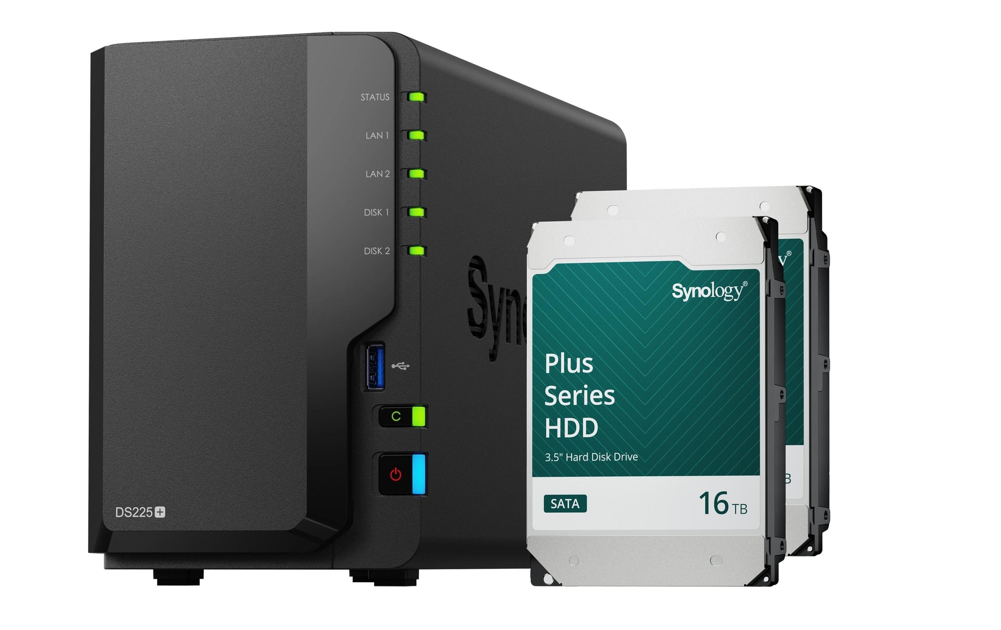 Synology DS225+ – 2-Bay Desktop NAS – Intel Celeron J4125, 2 GB RAM, 2.5GbE, DSM, 32 TB (vorinstalliert)