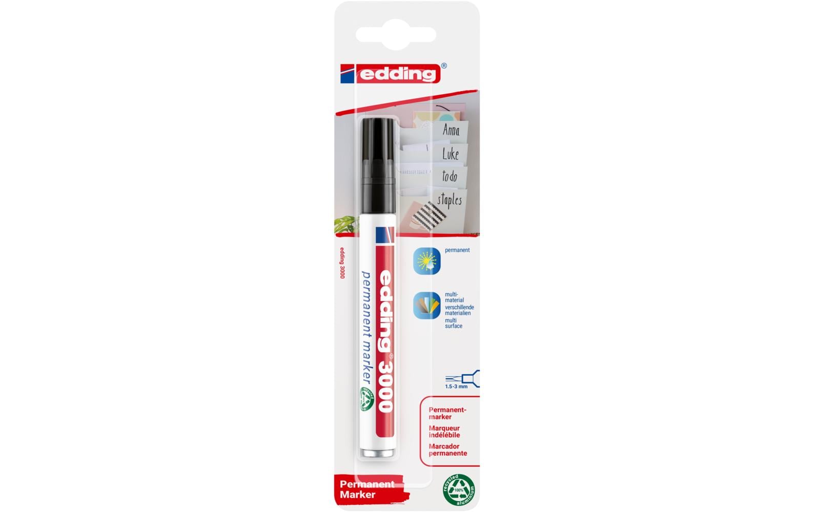 Edding 3000 Permanentmarker – Rundspitze 1,5 mm – Schwarz – 10er-Pack – für Papier, Karton und Metall
