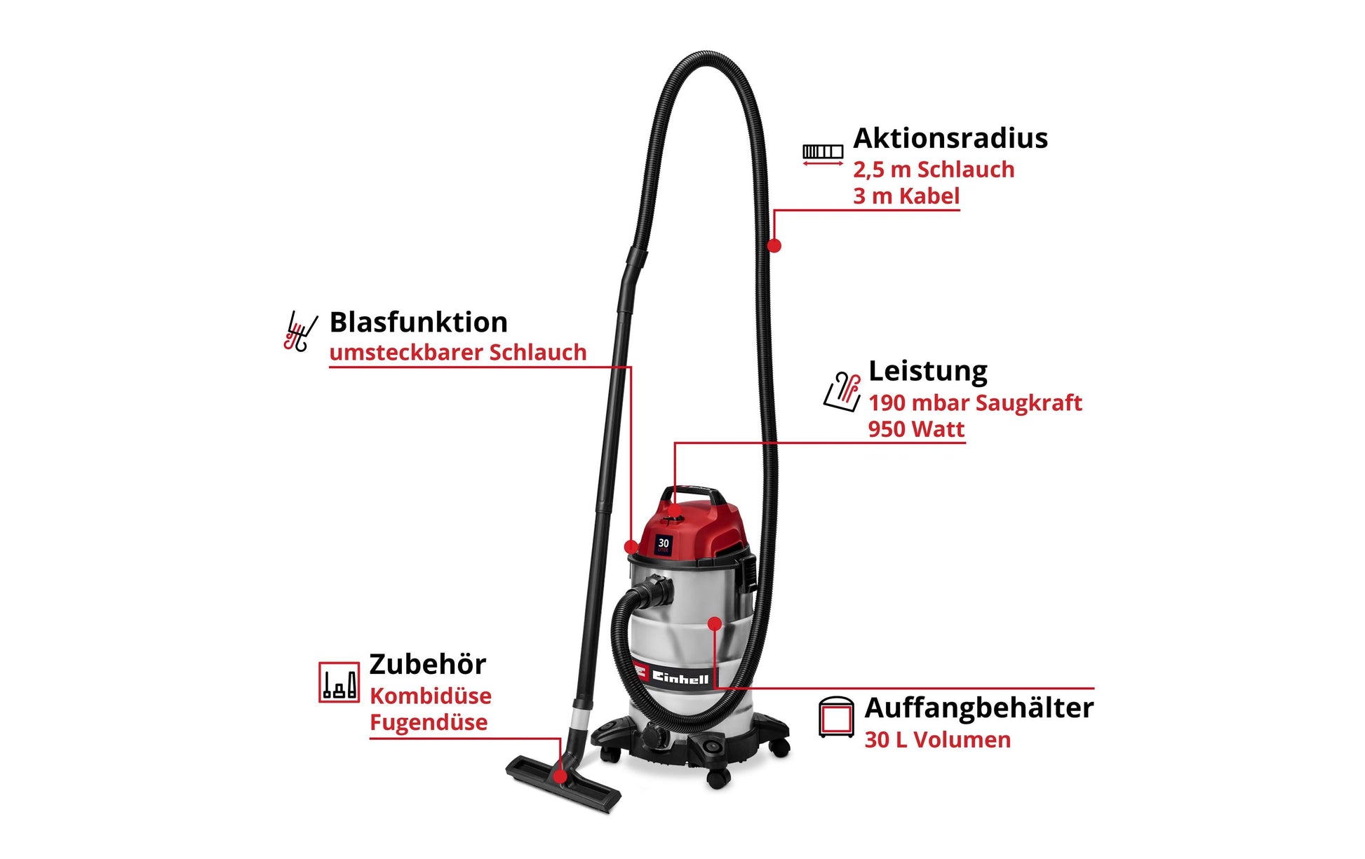 Einhell Nass-/Trockensauger TC-VC 3055 S – 30 l, 950 W, Edelstahl