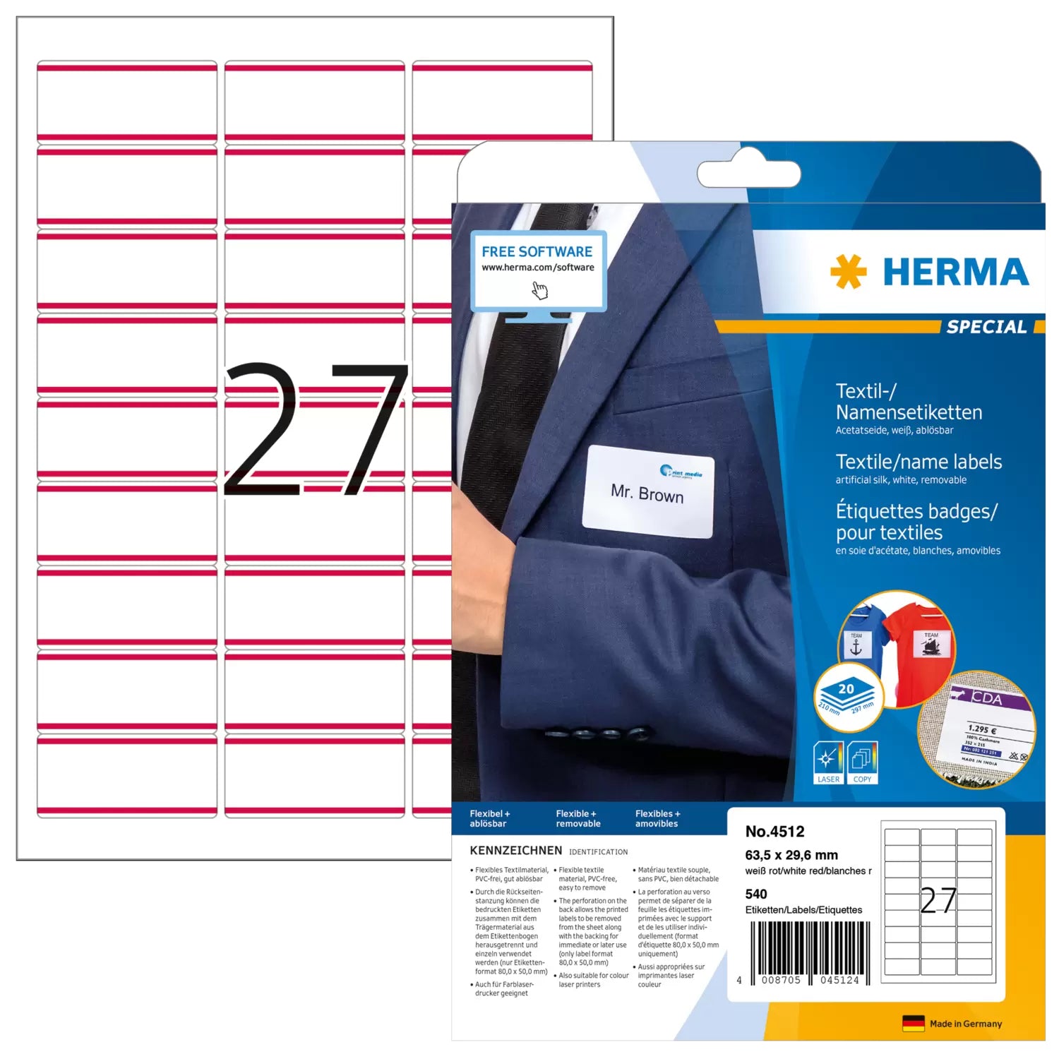 HERMA Textiletiketten, 64 mm × 30 mm, weiss, Textil, selbstklebend, 540 Etiketten (20 Blatt)
