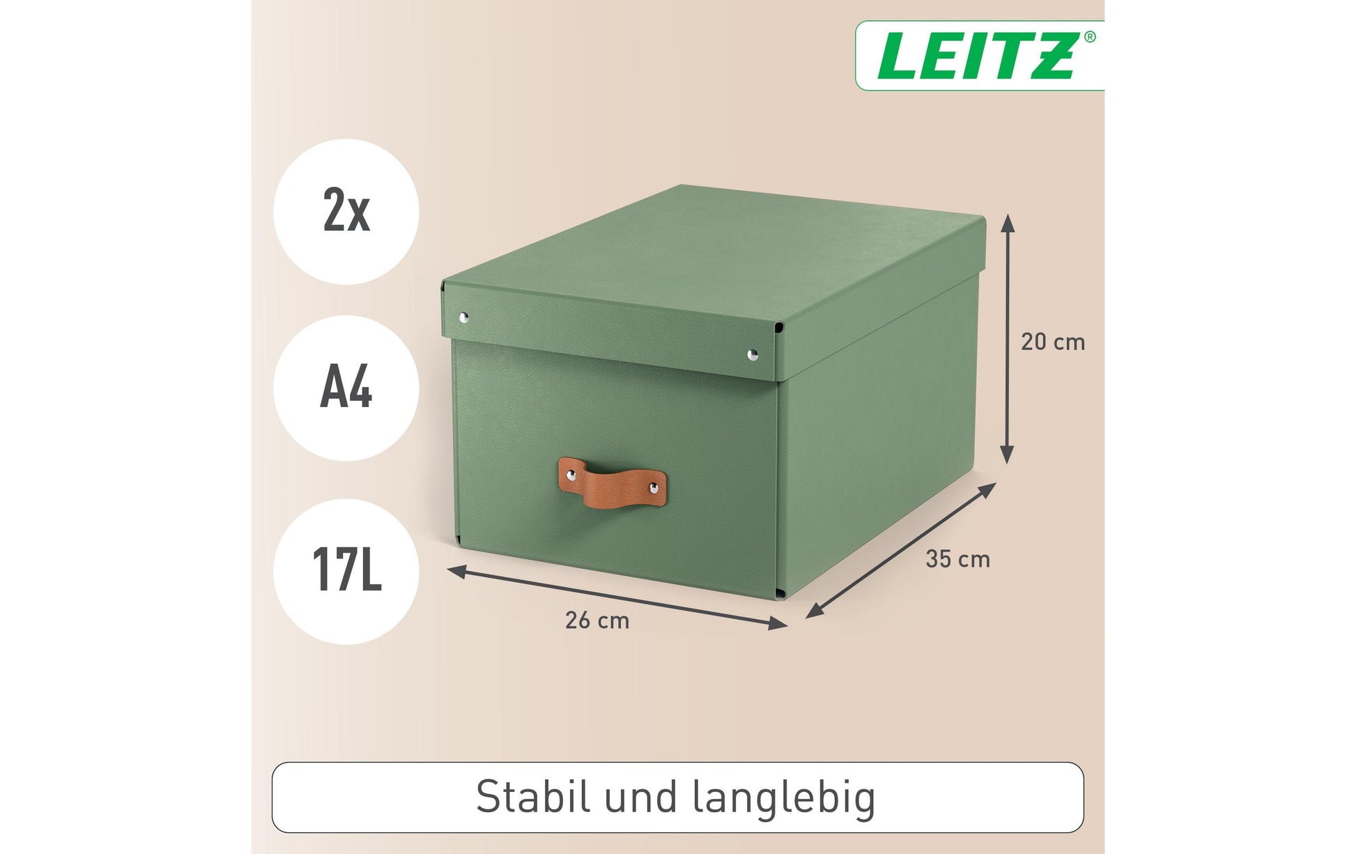 Leitz Aufbewahrungsbox 17 l – mit Klappdeckel, mit Tragegriff, 265 × 200 × 355 mm, Hellgrün, Karton, 2er Pack