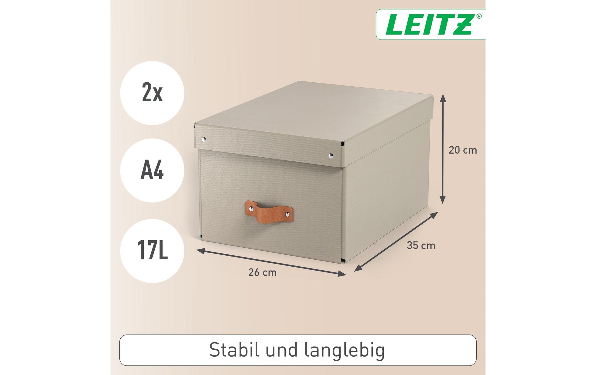 Leitz Aufbewahrungsbox 17 l – mit Klappdeckel, mit Tragegriff, 265 × 200 × 355 mm, Sand, Karton, 2er Pack