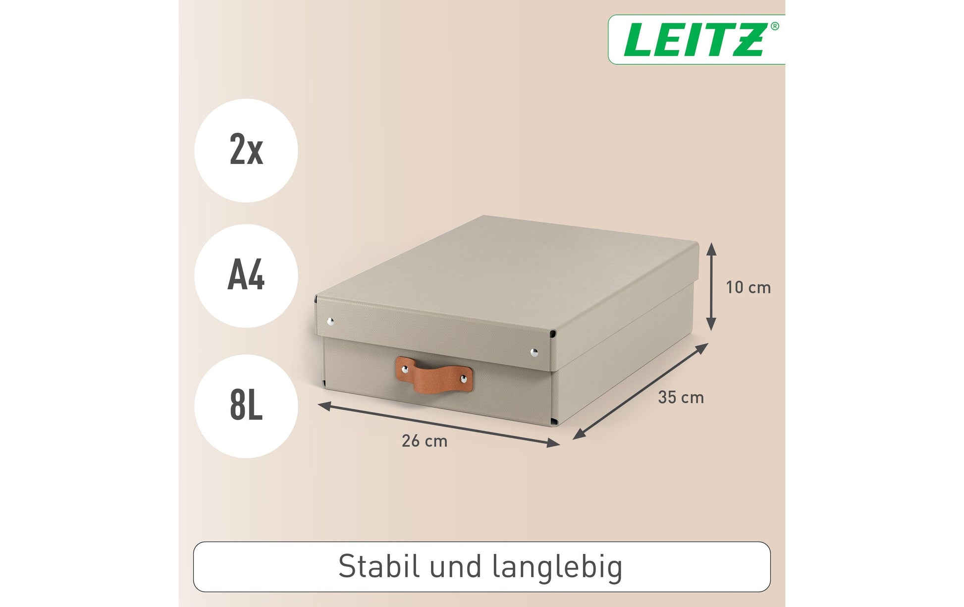 Leitz Aufbewahrungsbox 8 l – mit Klappdeckel, 355 × 100 × 260 mm, Sand, Karton, 2er Pack
