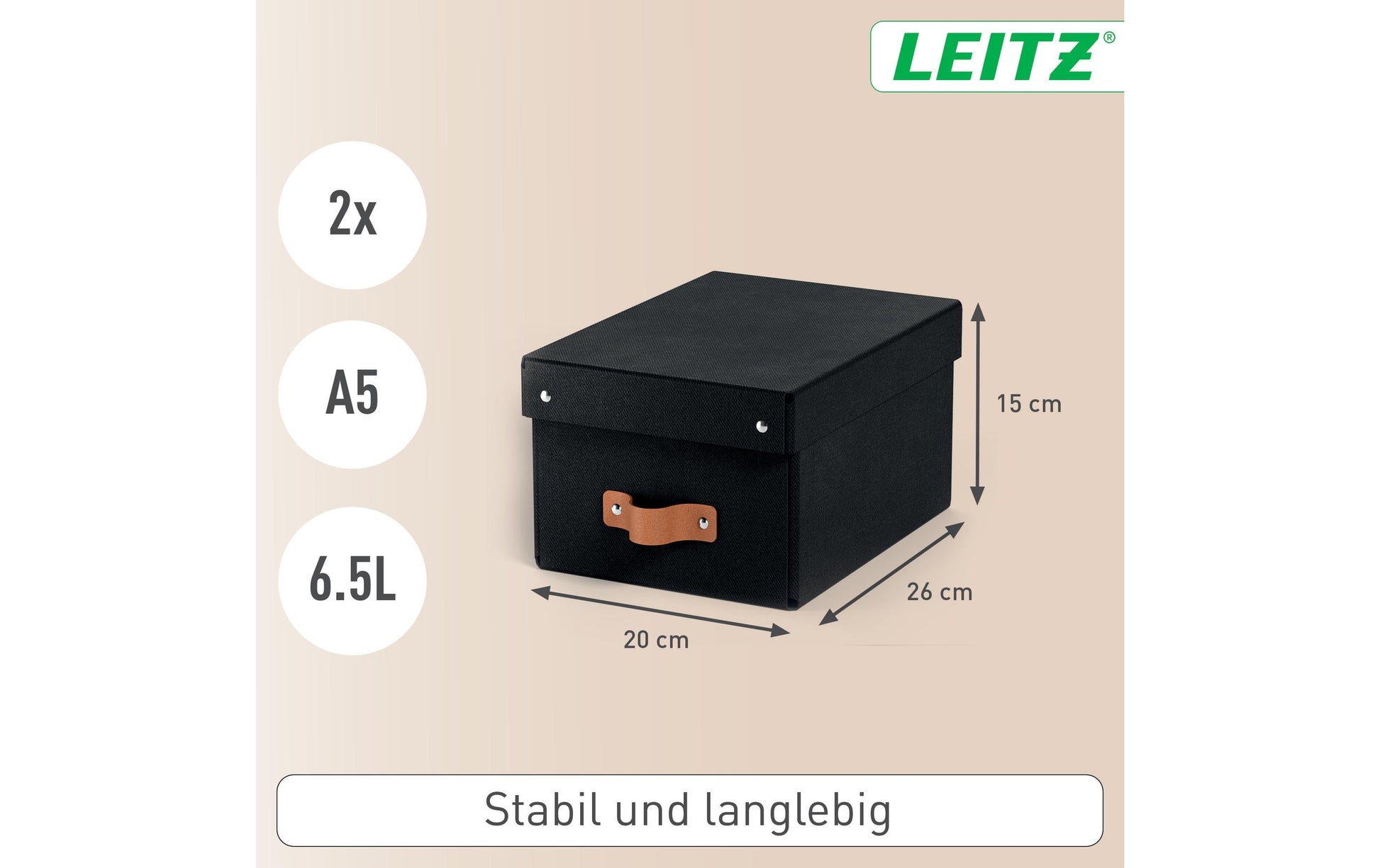 Leitz Aufbewahrungsbox 6,5 l – mit Klappdeckel, mit Tragegriff, 200 × 150 × 260 mm, schwarz, Karton, 2er Pack
